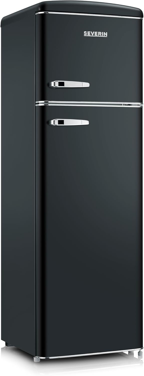 SEVERIN Réfrigérateur Congélateur 2 portes, Pose libre, Réfrigérateur Double Porte avec Congélateur Largeur 55 cm, 246 L, Classe D, Look Rétro, Noir mat, RKG 8984