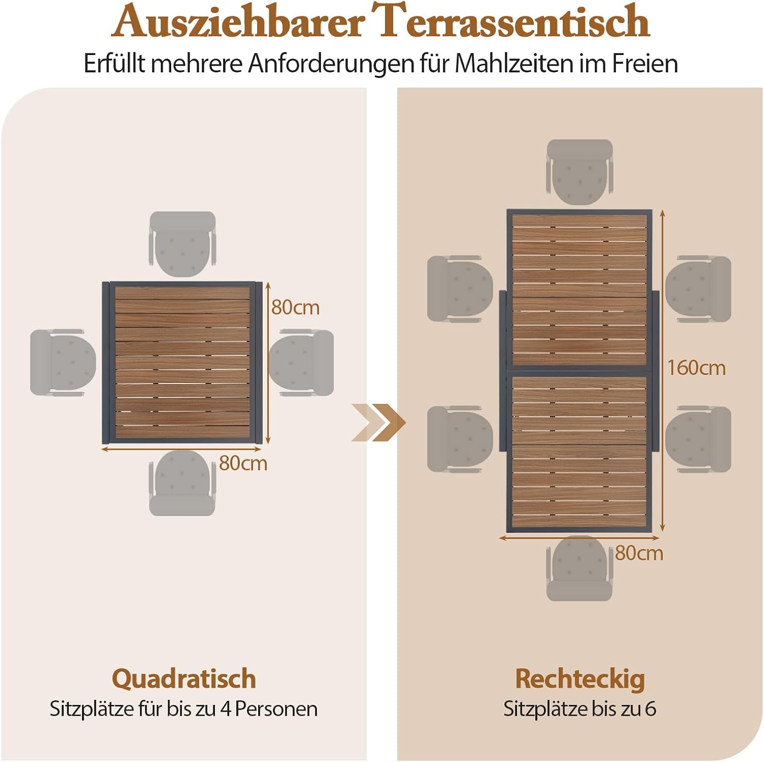 COSTWAY Gartentisch Aluminium ausziehbar, 80/160x80cm, wetterfester Esstisch mit Tischplatte in Holzoptik, rechteckiger Terrassentisch für 4-6 Personen, Ausziehtisch für Garten, Terrasse