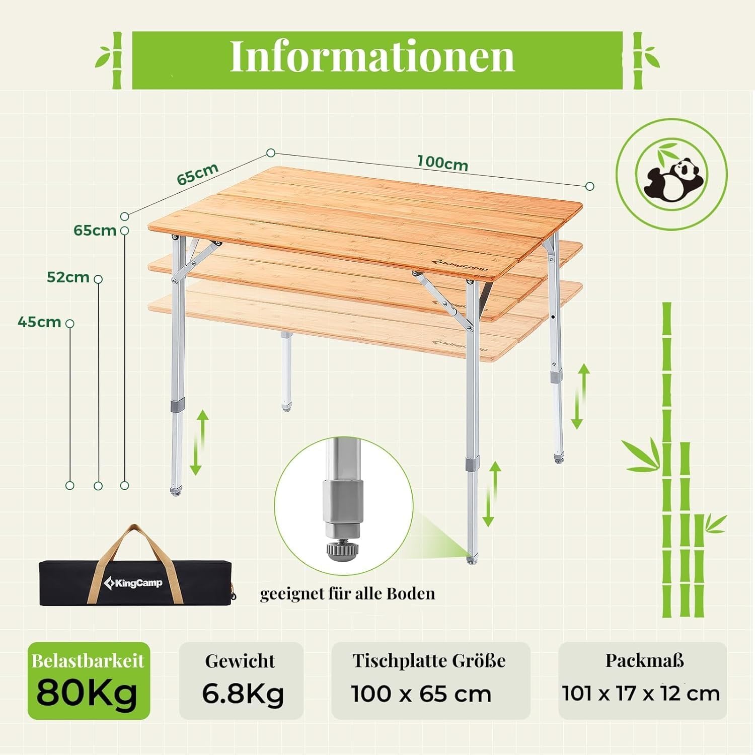 KingCamp Campingtisch Bambus Klapptisch höhenverstellbar (45/52 / 65 cm) für 4-6 Personen Campingtisch klappbar 4 Falten mit Tragetasche belastbar bis 80 kg,100 x 65 cm,L