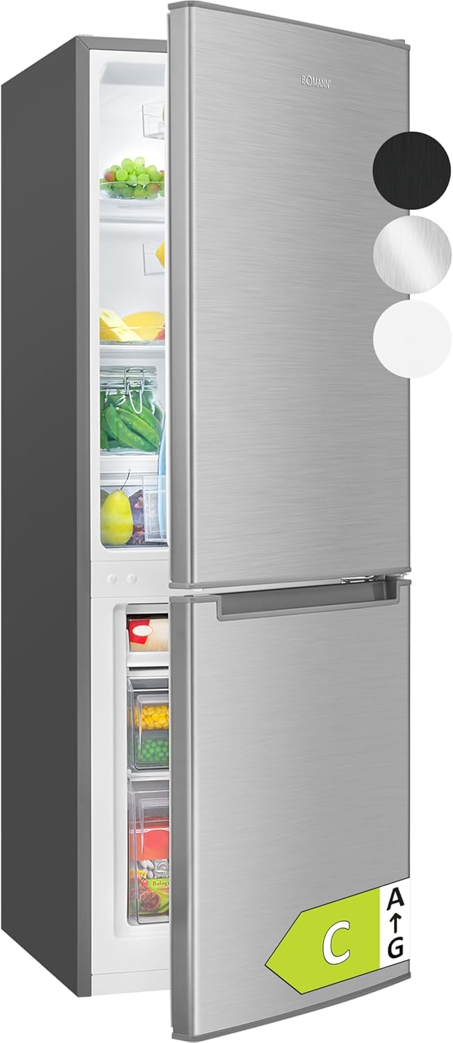 Bomann, Réfrigérateur et Congélateur 173L Inox KG7359 - Réfrigérateur 121L, Congélateur 52L, Éclairage LED, Contrôle Température, Alarme Ouverture, Économie Énergie, Dimensions 142,5x49,5x56 cm