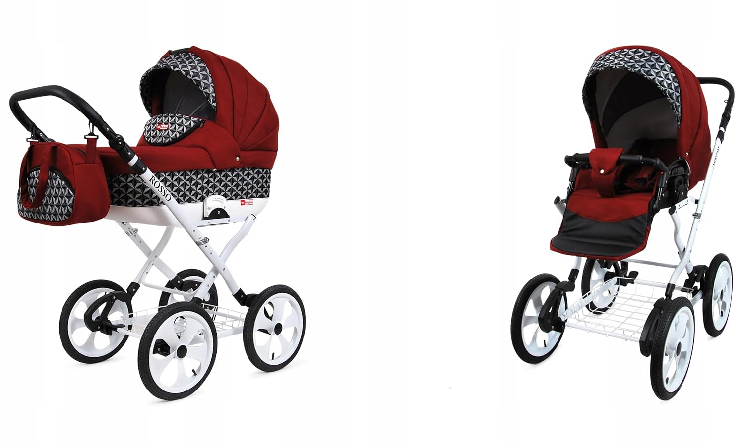 BabyLux® Bambimo Kinderwagen Set 2 in 1 - Rosso - incl. Babywanne, Buggy Sportsitz - Kinderwagenset - Kombikinderwagen mit Wickeltasche, Regenschutz, Moskitonetz, Cupholder usw.