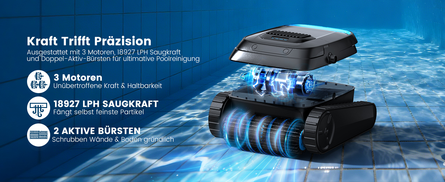 Der Text lautet „Kraft Trifft Präzision“, „2 Motoren“, „10527 LPH SAUGKRAFT“, „2 AKTIVE BÜRSTEN“. Unterwassergerät mit den technischen Daten auf Deutsch.