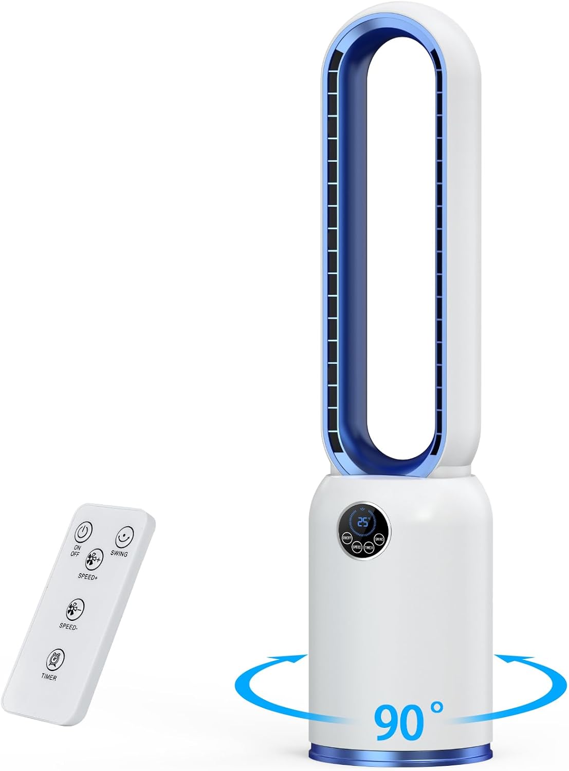 Turmventilator ohne Flügel 88cm – geräuschloser Standventilator mit 55W Motor, LED-Touchscreen & Fernbedienung, 12-Stunden-Timer, 90° oszillierend für Schlafzimmer & Büro (blau)