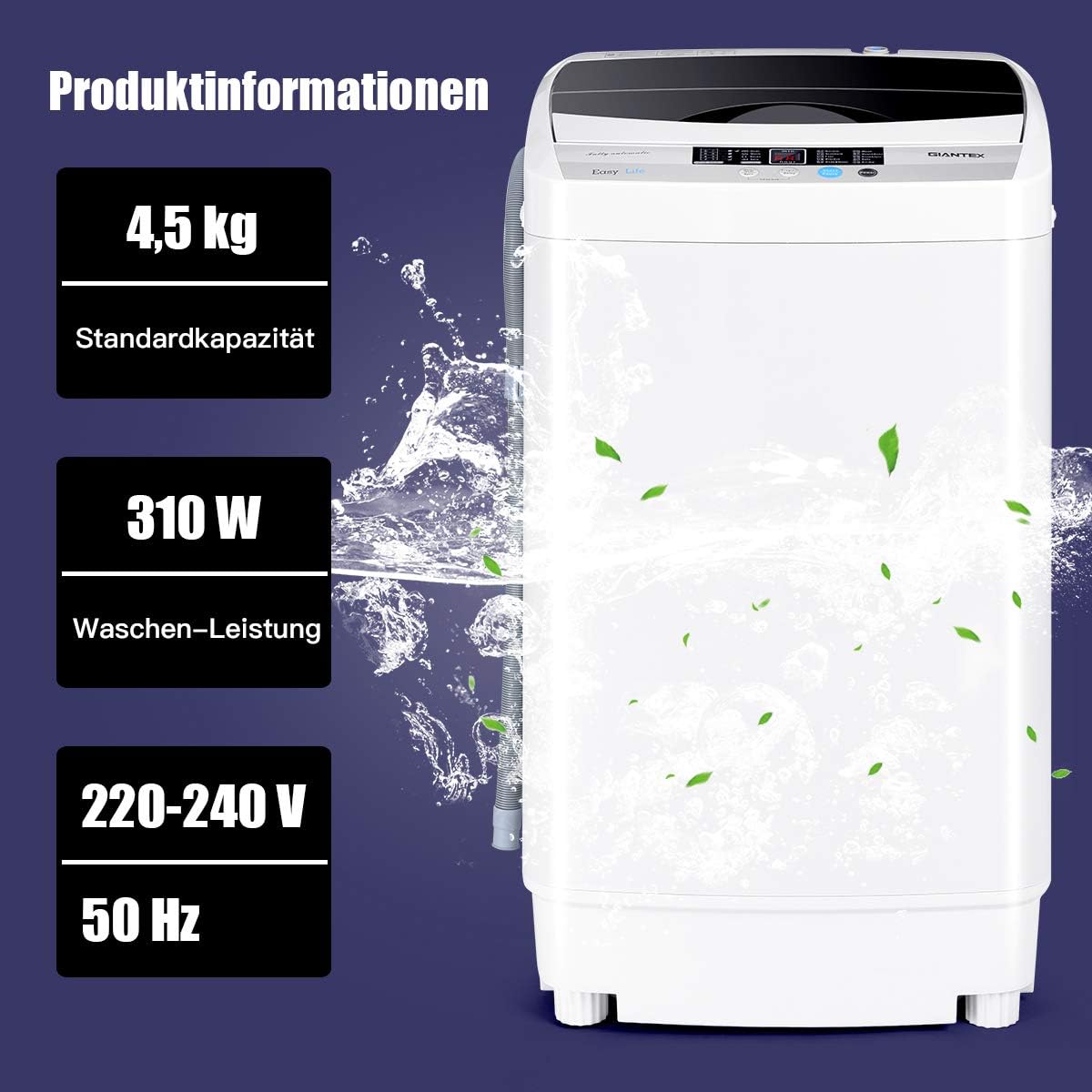 GOPLUS Waschmaschine Vollautomat 4,5 KG, Waschvollautomat mit Schleuder, 10 Programme, LED Dispaly, inkl. Ablaufpumpe, Toplader Waschmaschine ideal für Apartments und Wohnmobile, 50 x 50 x 85 cm
