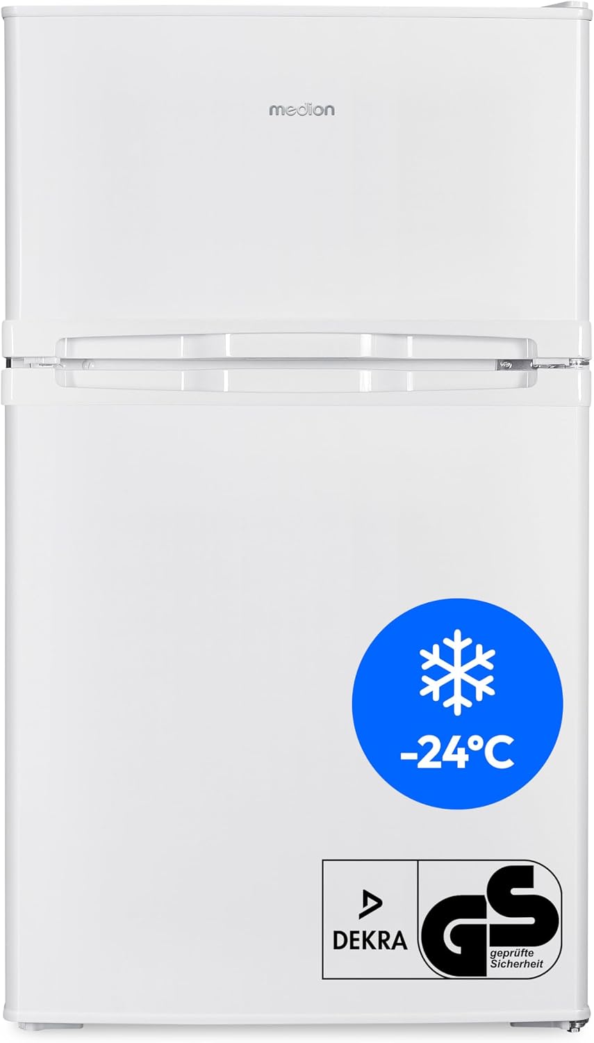MEDION Mini Kühl-Gefrierkombination (85 Liter, 61L Kühlteil, 24L Gefrierteil, freistehend, 40 dB, transparente Gemüseschublade, Türanschlag wechselbar, MD 37689) weiß