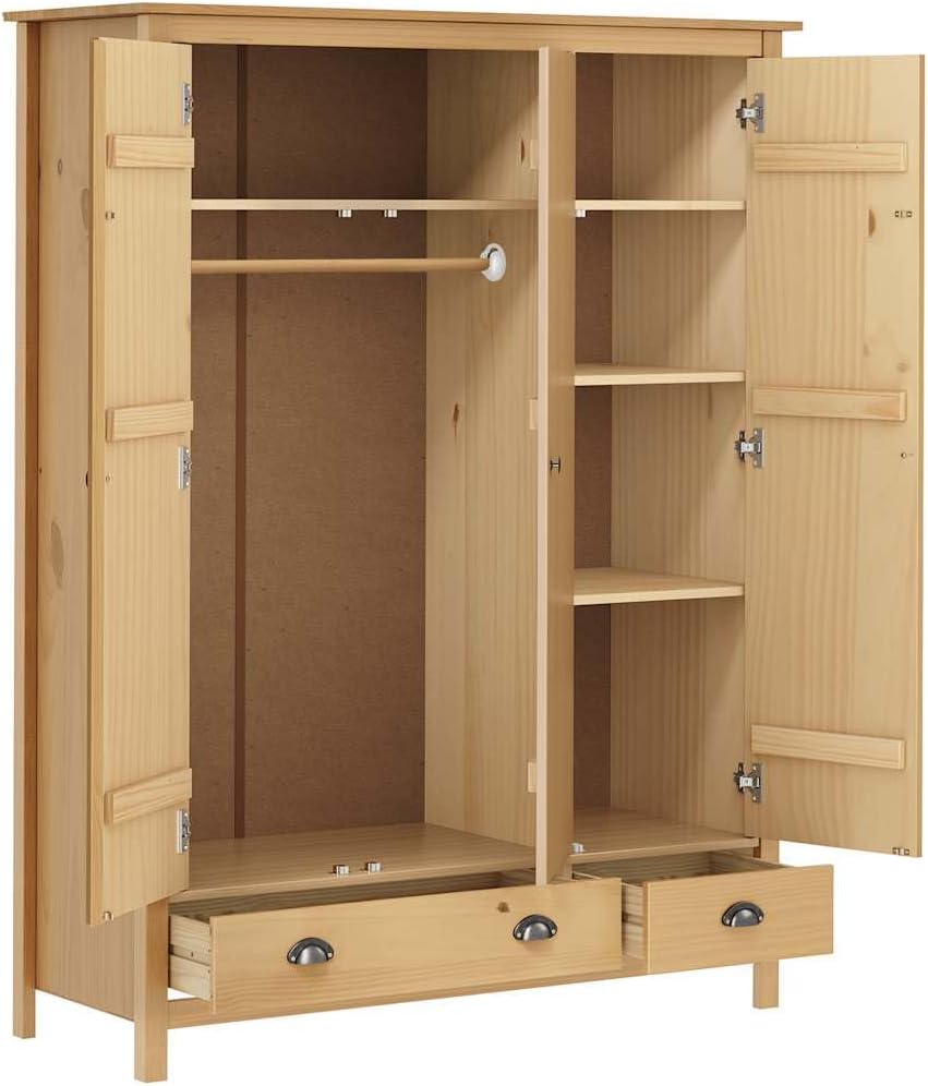 Kiefernholz Massiv Kleiderschrank mit 3 Türen 2 Schubladen Garderobenschrank Holzschrank Schrank Schlafzimmerschrank 127x50x170cm,Braun