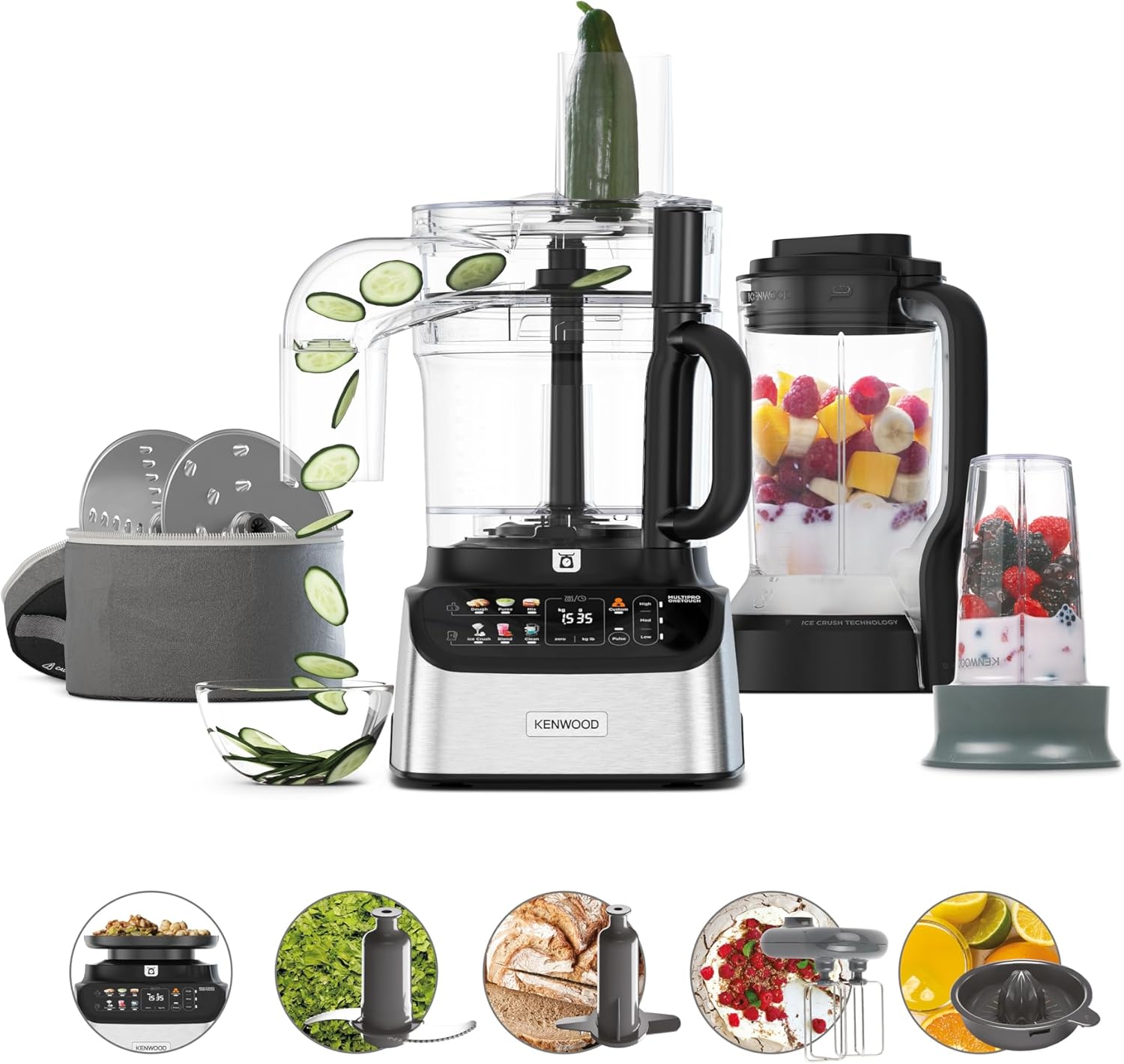 Kenwood MultiPro OneTouch FDM73.850SS – 3-in-1 Kompakt-Küchenmaschine & Mixer, 12 Zubehörteile, 6 Automatikprogramme, Variable Geschwindigkeit & Pulse-Funktion, Integrierte Waage, 1000 W, Silber