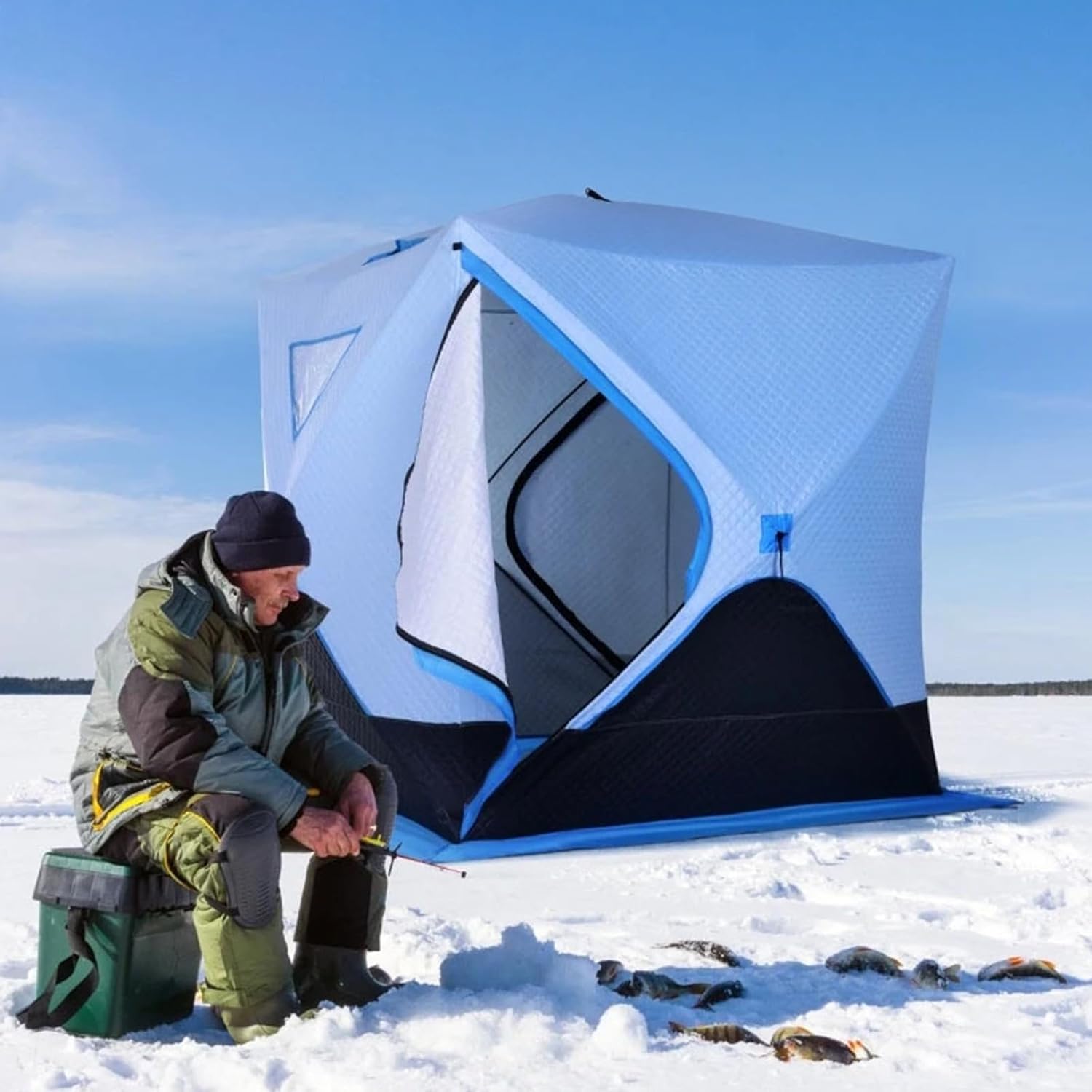 Tragbares, Isoliertes Eiswürfelzelt Für 2–4 Personen Zum Eisangeln Im Winter, Pop-up-Eishütte Mit 8 Ankern, Bindeseilen Und Tragetasche