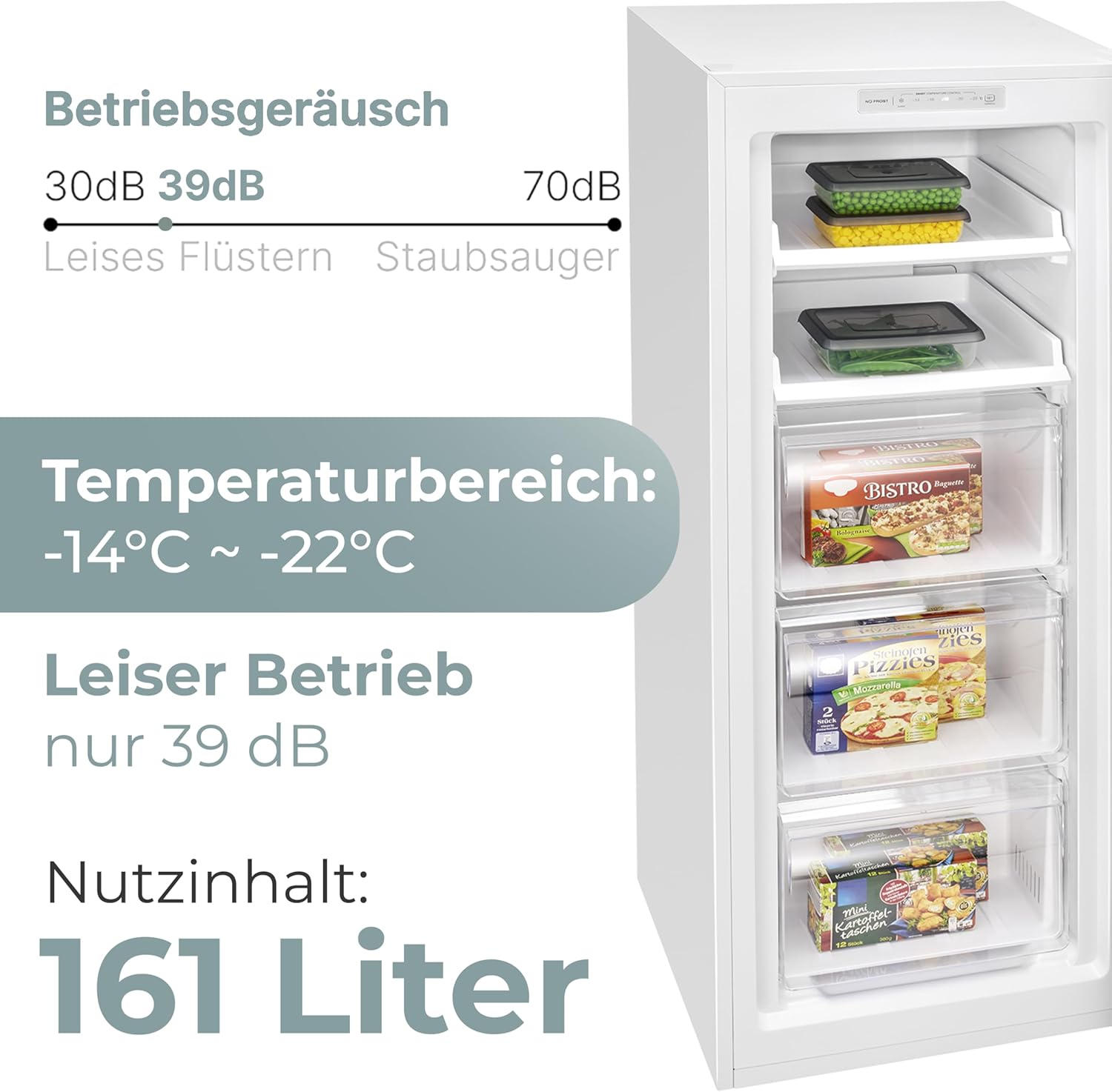 Clatronic® Gefrierschrank Nofrost | Energieklasse C | 143cm | Tiefkühlschrank | MultiAirflow | leise 39dB | bis zu -18°C | Türanschlag wechselbar | 161L Freezer | Gefrierschrank gross GS 200 weiß
