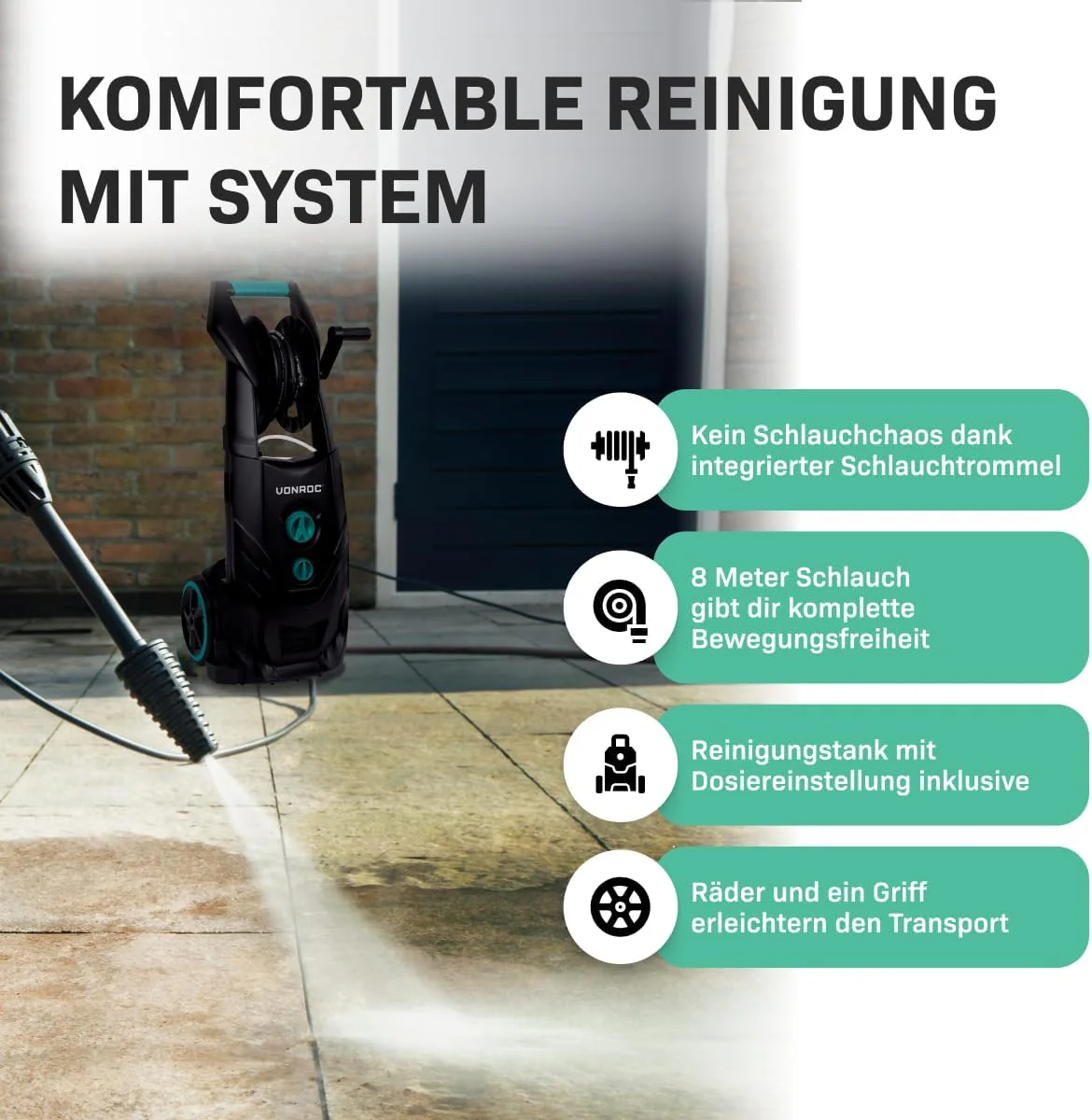 VONROC Professionele hogedrukreiniger 195bar - Gevelreiniger voor zware reinigingswerkzaamheden [2500W] - Hoge wateropbrengst [468 l/u] Reinigingstank, Aluminium Pomp - incl. Terrasreiniger