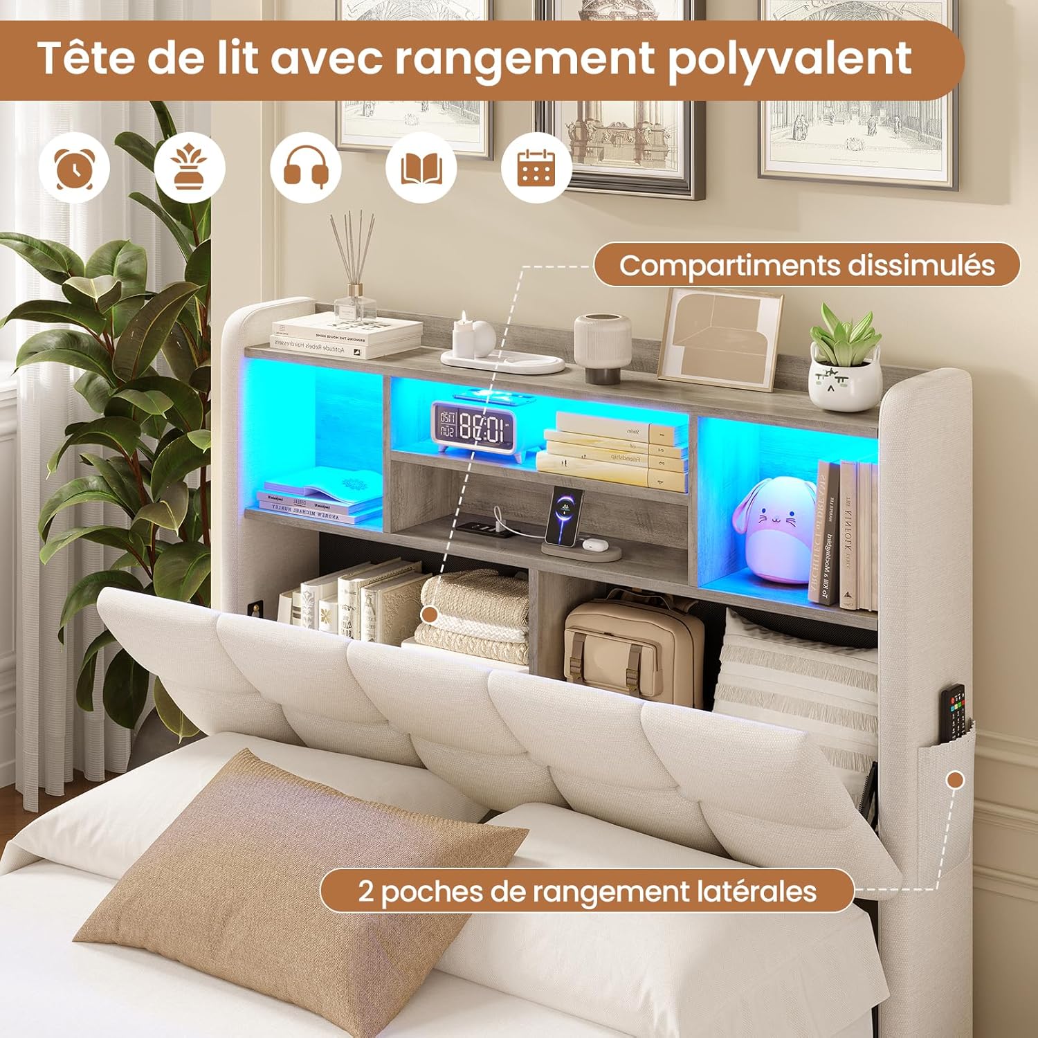 AOGLLATI Polsterbett 90×200cm Hydraulisches Stauraumbett mit LED-Bleuchtung Jugendbett mit Ladestation Einzelbett mit Stauraum Kopfteil, Leinenstoff, ohne Matratze (Beige, 90x200cm)