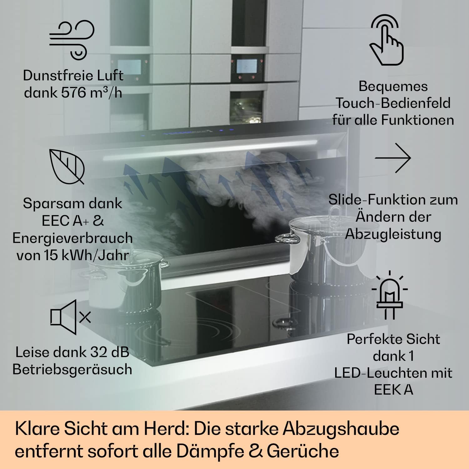 Klarstein Downdraft-Dunstabzugshaube, Versenkbare Abzugshaube, Leise Dunstabzugshauben mit Filter, Dunstabzugshaube 60cm, Umluft/Abluft Dunsthaube mit 10 Stufen, Dunstabzug 576 m³/h Luftstrom