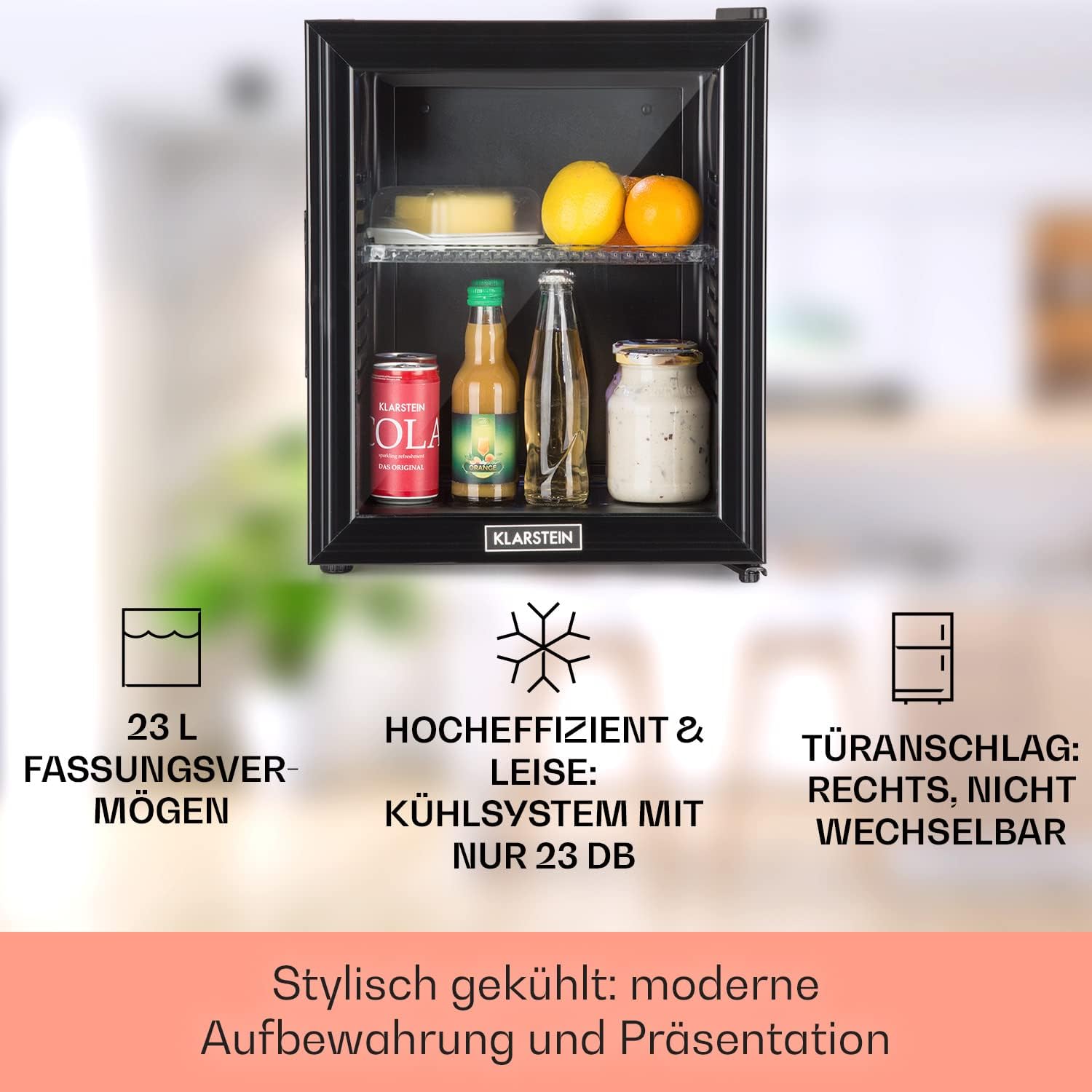 Klarstein Mini Kühlschrank für Zimmer, 24 Liter Mini-Kühlschrank für Getränke, Snacks & Kosmetik, Kleine Minibar, Kühlschrank Klein & Leise, Verstellbare Ablagen, Kleiner Skincare Kühlschrank