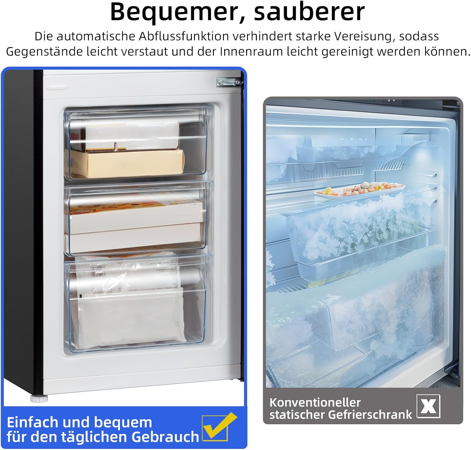 CHIQ Freistehender Kühlschrank mit Gefrierfach 157L (109L/48L) | Auto-Drain, 4-Sterne-Gefrierschrank | 47 cm B | LED Licht, Flexible Anpassung, Türausrichtung Wechselbar | Schwarz Inox