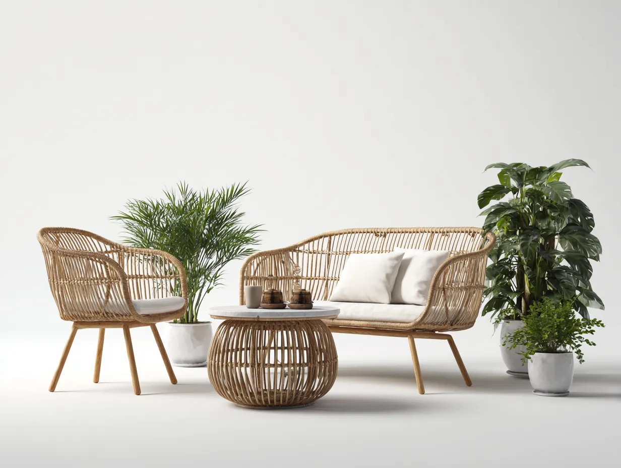 Garten Lounge Set-Rattan-Holz-148 x 72 x 84 cm-Natur-Beige-Boho Gartenstil
