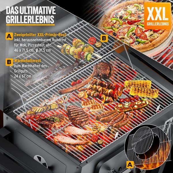 KESSER® Holzkohlegrill XXL Grillwagen Set mit Deckel & Thermometer – großer BBQ Kohlegrill Wagen, Smoker Grill mit Kamin & Lüftung, mit Grillrost, Warmhalterost & Ablage inkl. Haube, Bürste & Pinsel