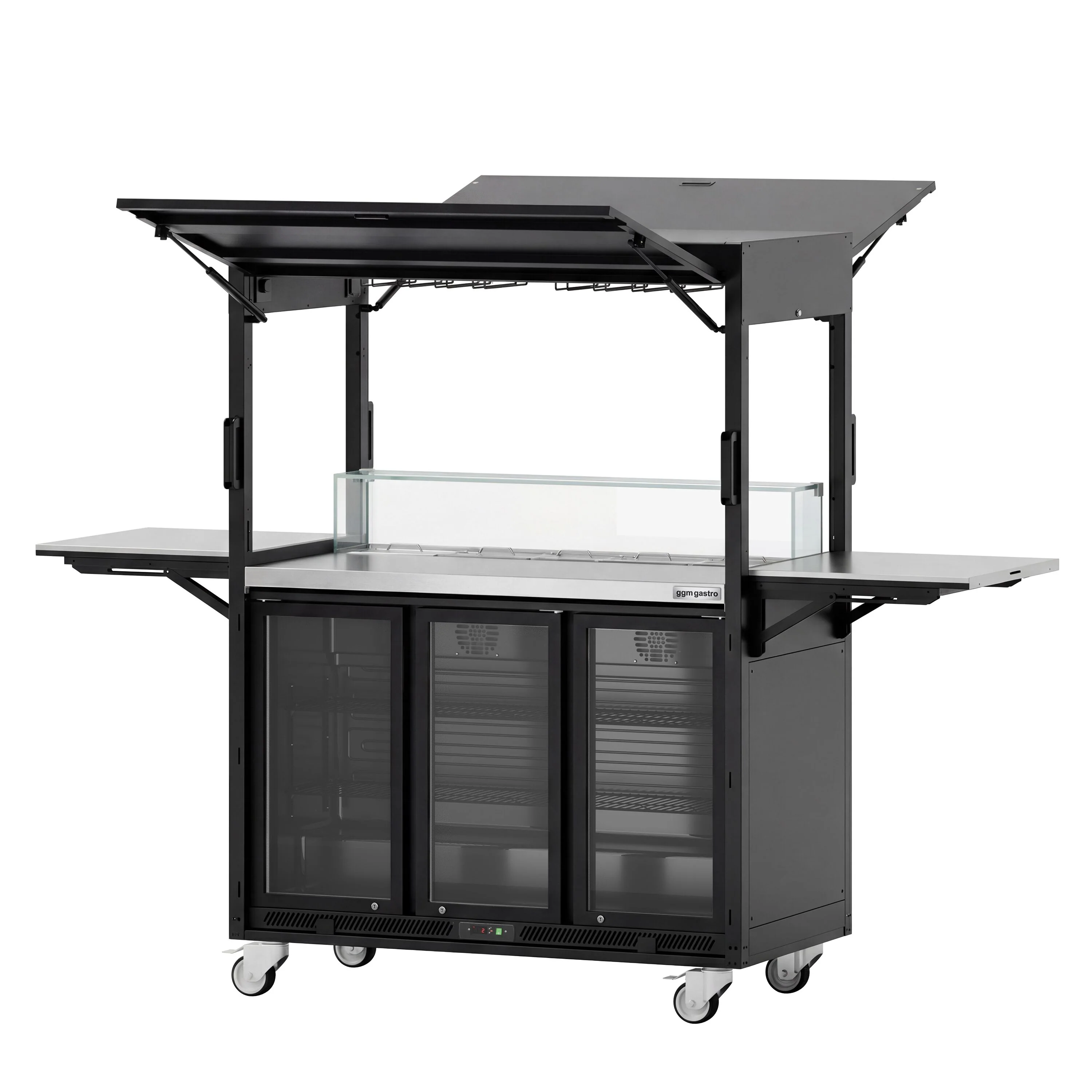 Mobil cocktailstasjon - med barkjøleskap, arbeidsflate, glassplate og LED-belysning - hengslet