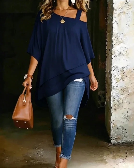 Asymmetrische Tunika Damen mit Cold Shoulder Ausschnitt | Locker fallendes Oberteil im Lagenlook mit weichem Fall