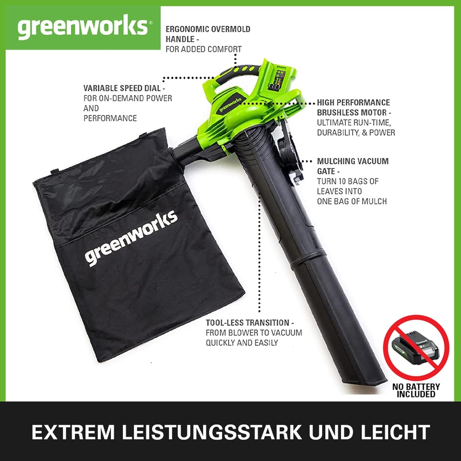 Greenworks 48V(2x24V) Akku Laubsauger / Laubblser mit Schultergurt, bürstenloser Motor, 322 km/h, 9 m/min, 45L Fangsack, zwei 4Ah Batterien & Ladegert, 3 Jahre Garantie GD24X2BVK4X