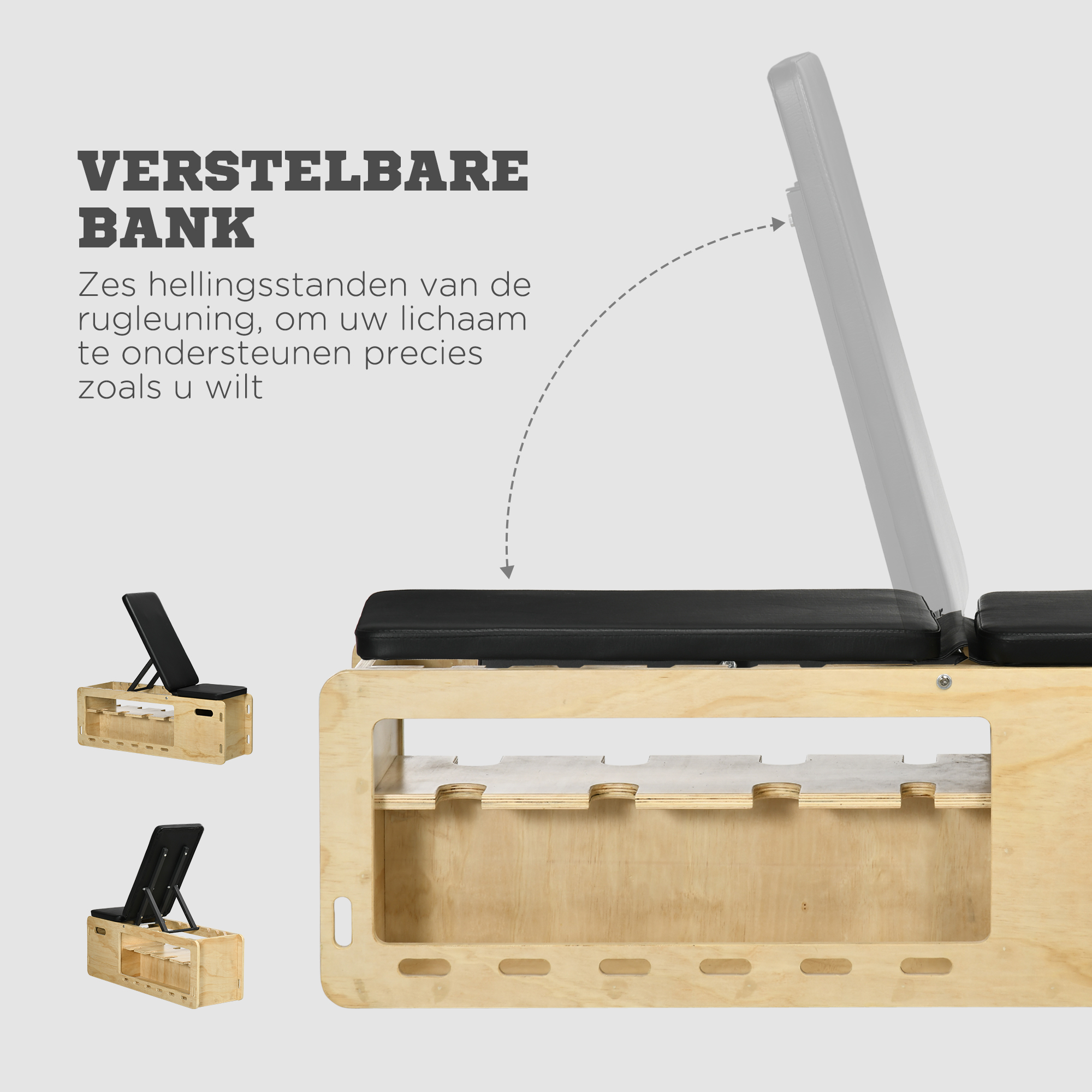 HOMCOM Halterbank met halterrek, 1 opbergmand, verstelbaar in 6 posities, massief hout, naturel + zwart