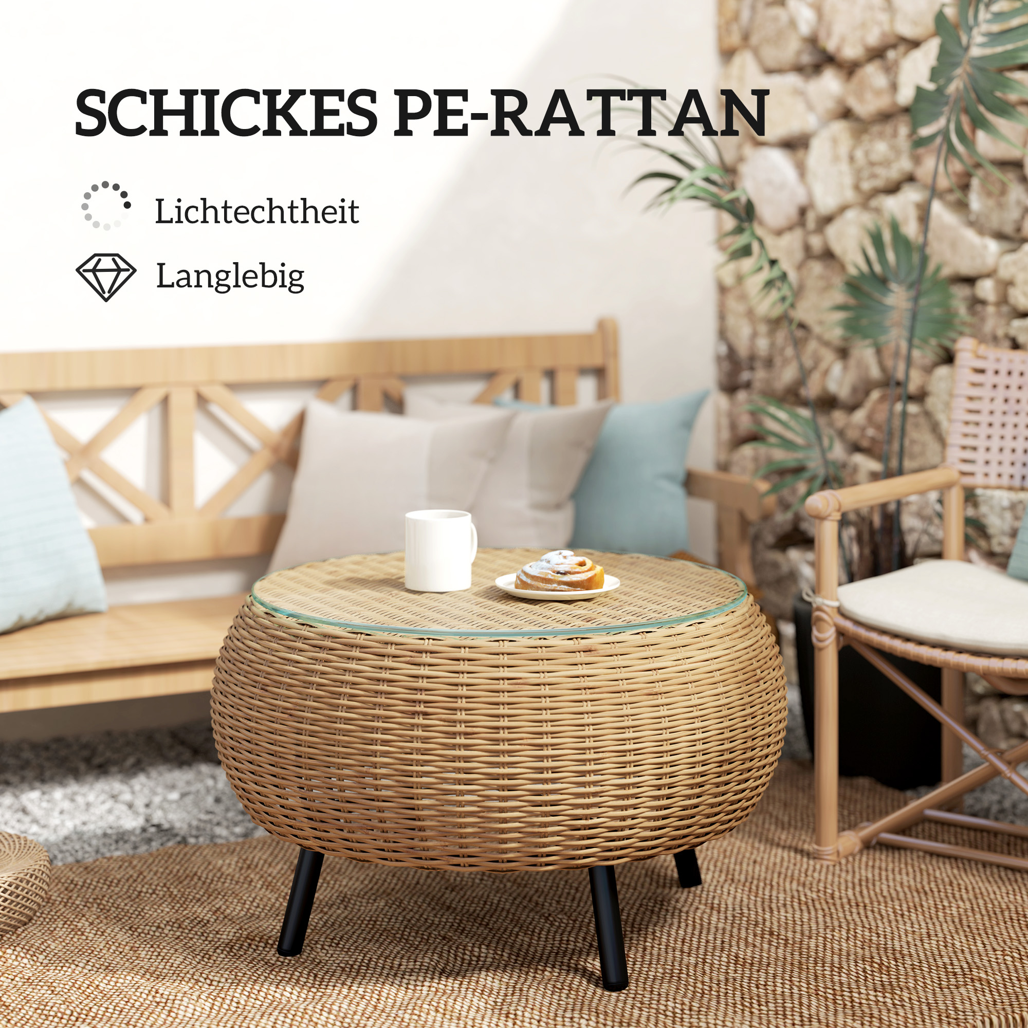 Polyrattan Bijzettafel met Glazen Tafelblad ?75 x 42 cm - Bruin