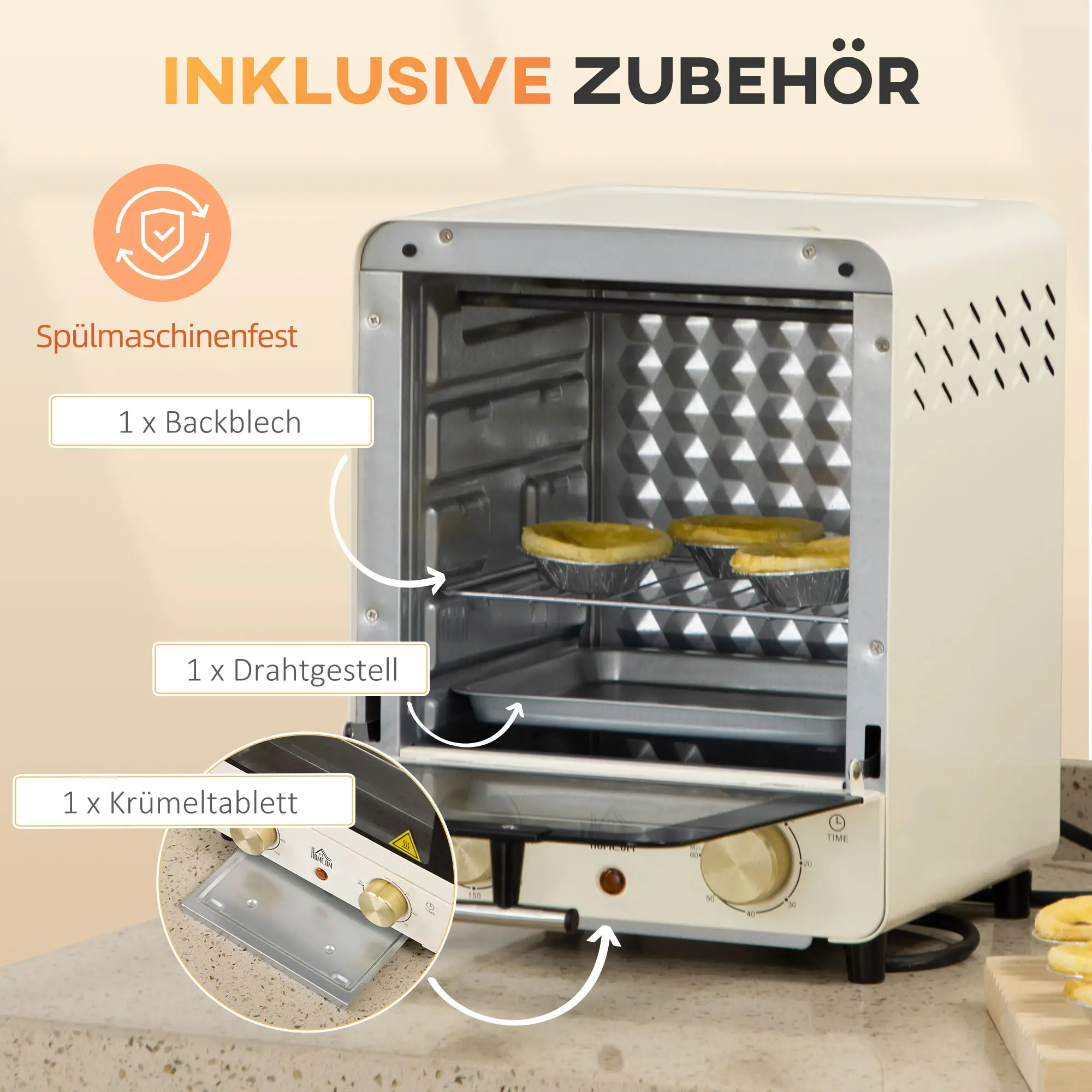 HOMCOM Mini-oven instelbare temperatuur timer kijkvenster cr��mewit