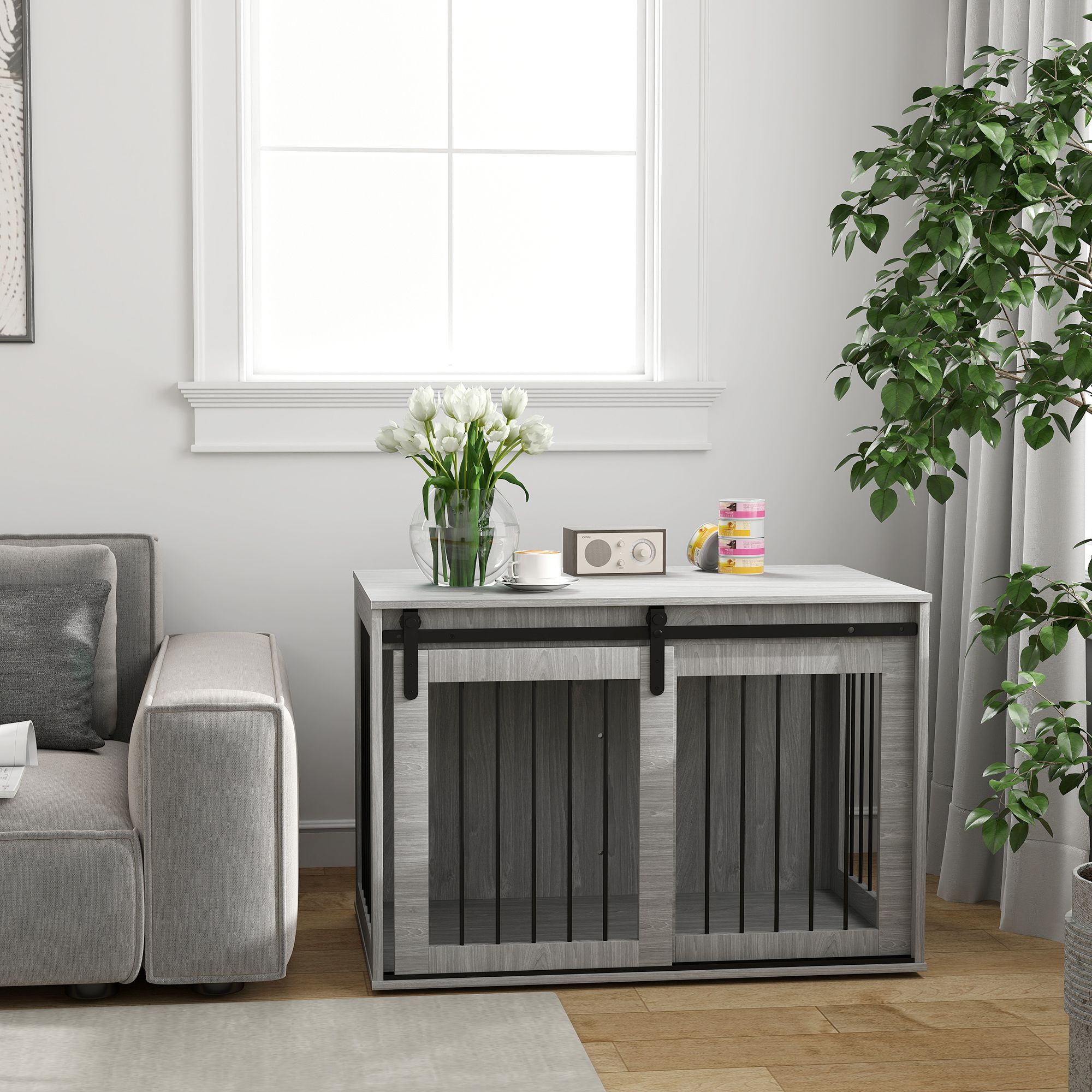 Hondenbench met schuifdeur, ventilatie, spaanplaat en staal, 98 x 58 x 61 cm, Grijs