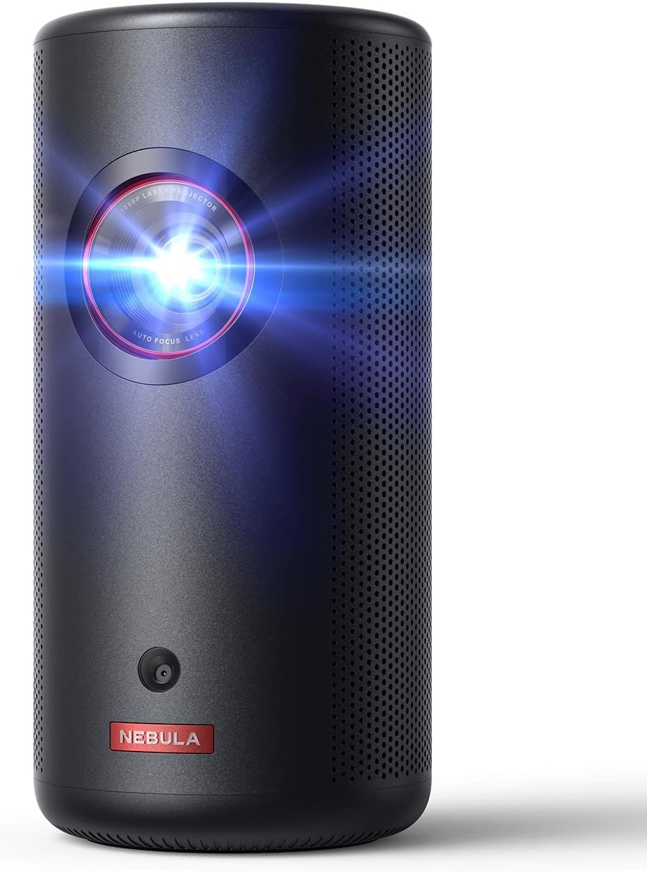 NEBULA Capsule 3 Laser GTV Beamer, 300 ANSI Lumen, 1080p Mini Smart TV Beamer mit WLAN, Mobiler Outdoor, Dolby Digital, Laserprojektor, Autofokus, 120-Zoll Bild, 2,5 Stunden Integrierter Akku