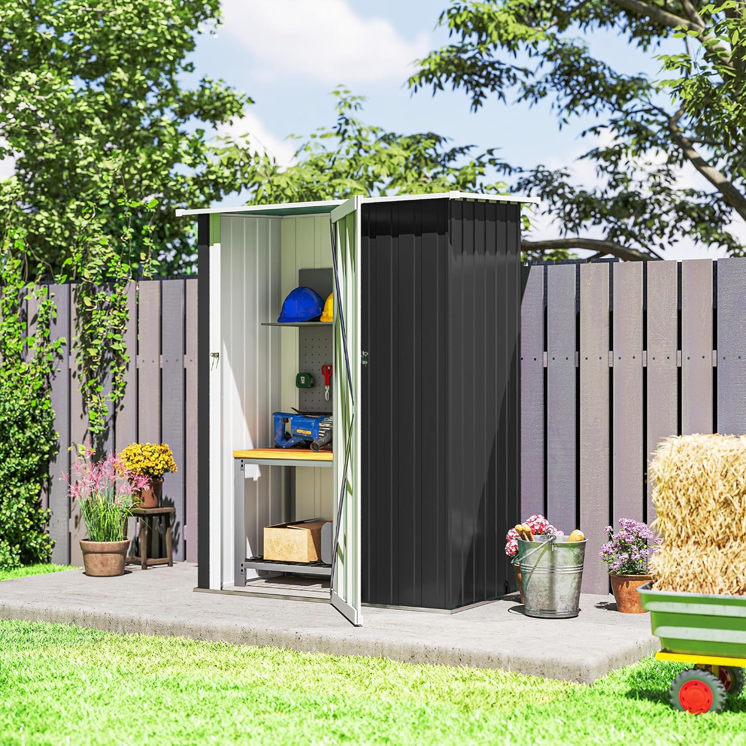 Outsunny Metall Gerätehaus 1,07 m² 142 x 86 x 189 cm Geräteschuppen mit Pultdach Abschließbarer Tür, wetterfest Gartenhaus Outdoor Garten Schuppen für Hinterhof Außenbereich Dunkelgrau