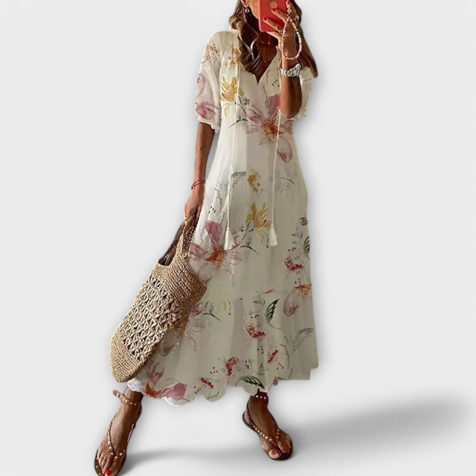 Damen Maxikleid im Boho-Stil | Leichtes Sommerkleid mit Print und Taillenband | Luftiges langes Kleid f��r Strand und Alltag