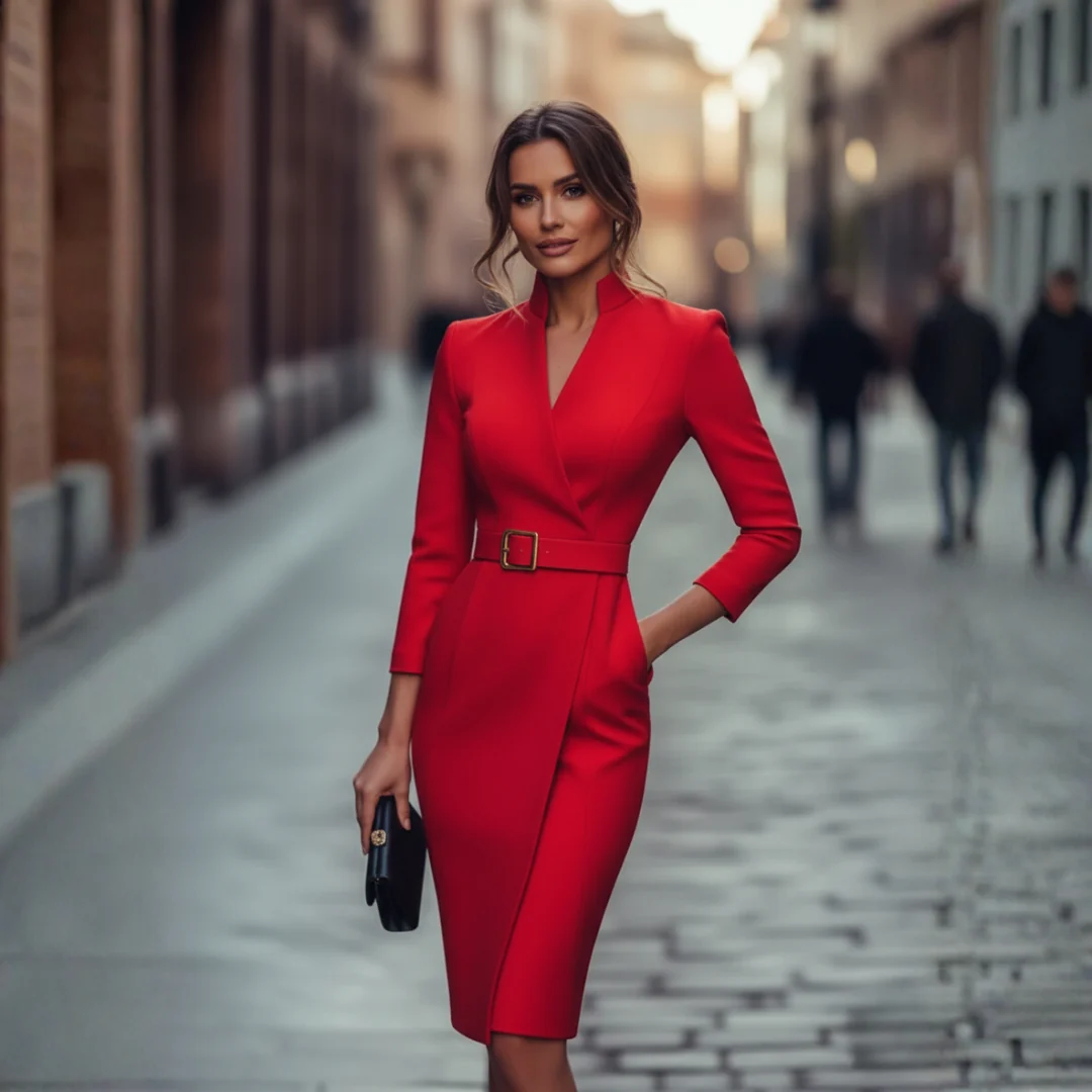Elegantes Midi-Etuikleid mit V-Ausschnitt und G��rtel