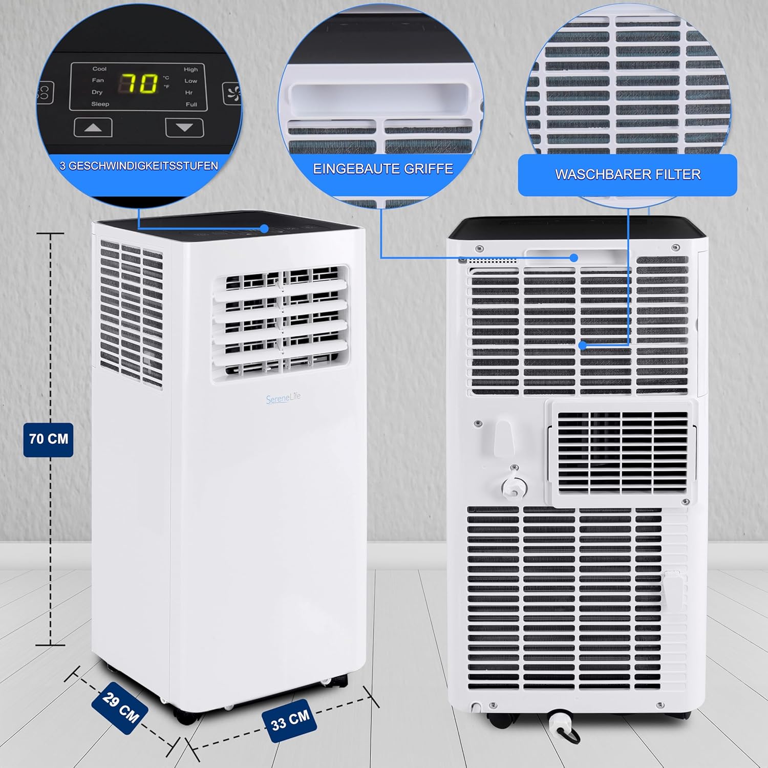 SereneLife 3-in-1 Mobile Klimaanlage mit Abluftschlauch – Klimagerät als Luftkühler, Ventilator & Luftentfeuchter– Mini Klimaanlage für Räume bis zu 28 m2 – Luftkühler für Zuhause & Büro 10,000 BTU
