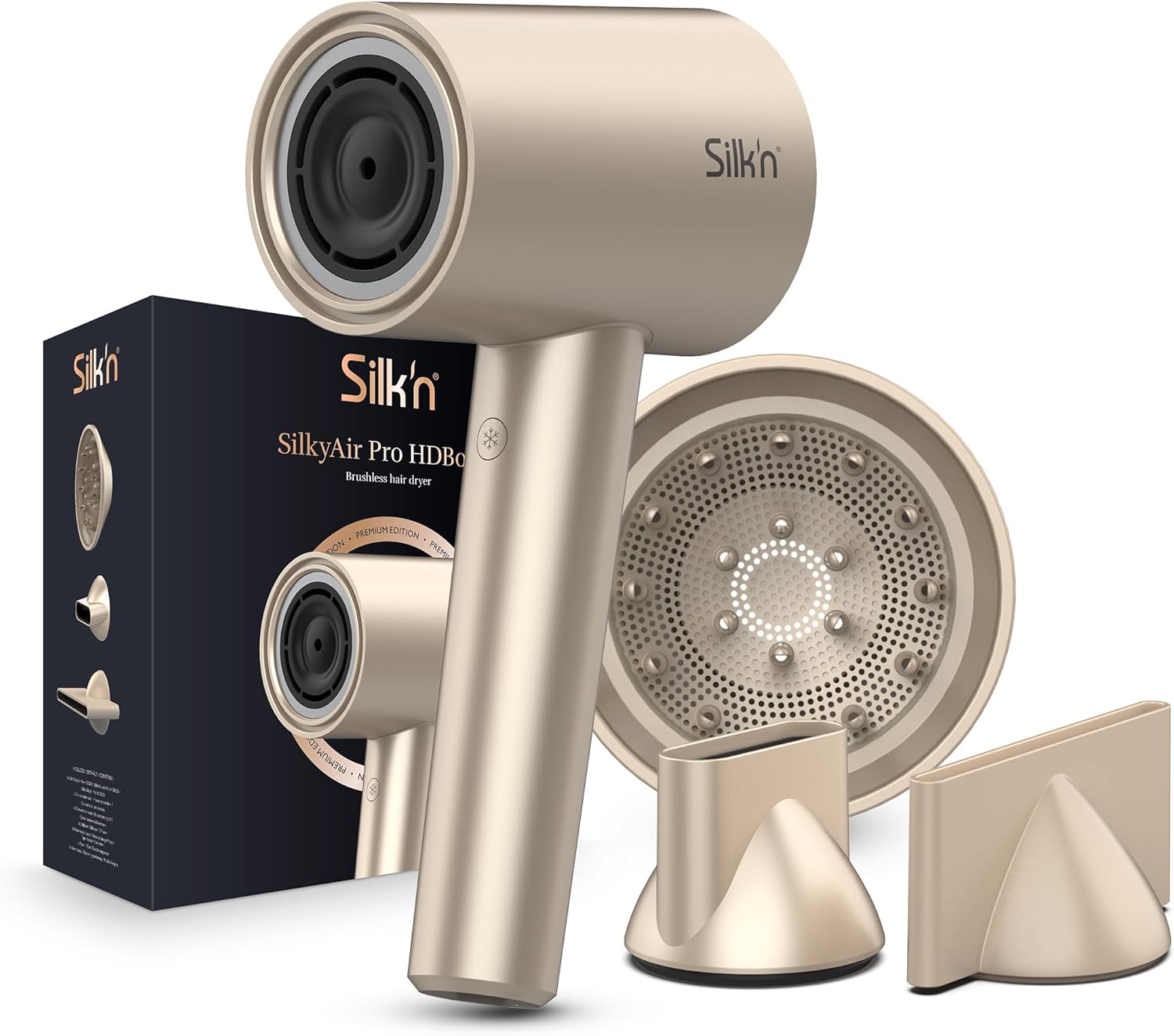 Silk'n Haartrockner I SilkyAir Pro HDB003 I Premium Föhn mit bürstenlosem Motor und Wasser-Ionen-Technologie I 3 Aufsätzen, hitzebeständiger Matte und Reiseetui, 1600 W, Champagner