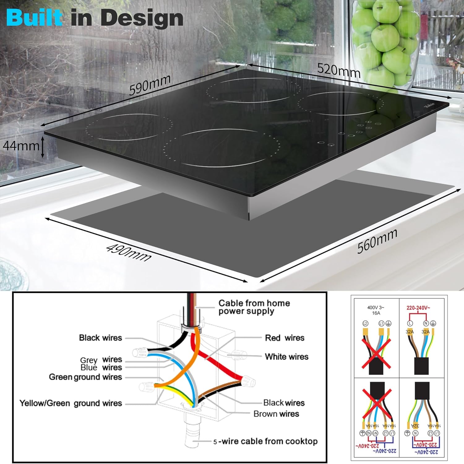 Glaskeramikkochfeld 4 Zonen Kochfelder Sensor-touch Control Kochfeld Autark 60cm, 6000W, 9 Leistungsstufe, verkabelt, kein Stecker