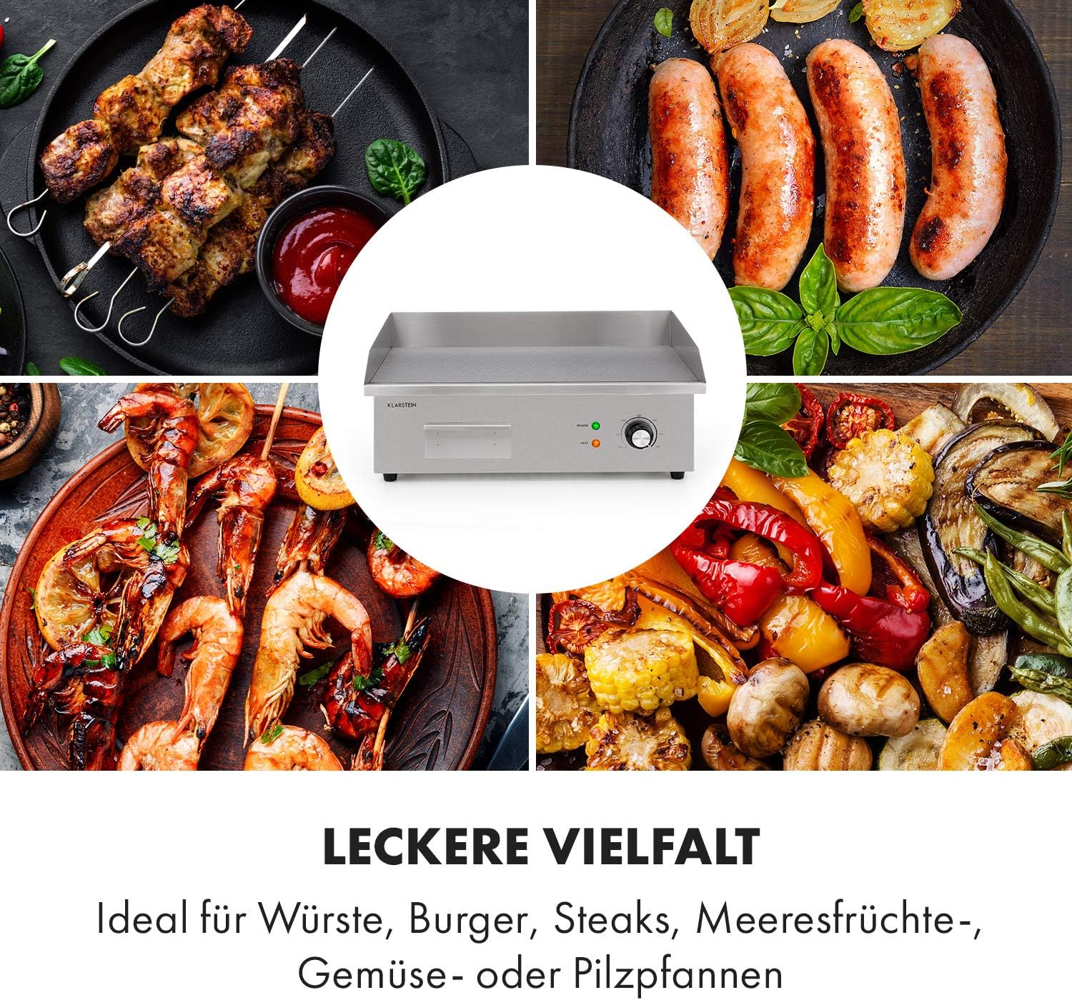 Klarstein Elektrogrill, Grillplatte, Elektrische Grillplatte, Tischgrill, Elektrogrill aus Edelstahl, Spritzschutz & Auffangbehälter, Glatte XL Grillfläche: 54,5x35 cm, Stufenlos 50-300 °C, 3000 Watt