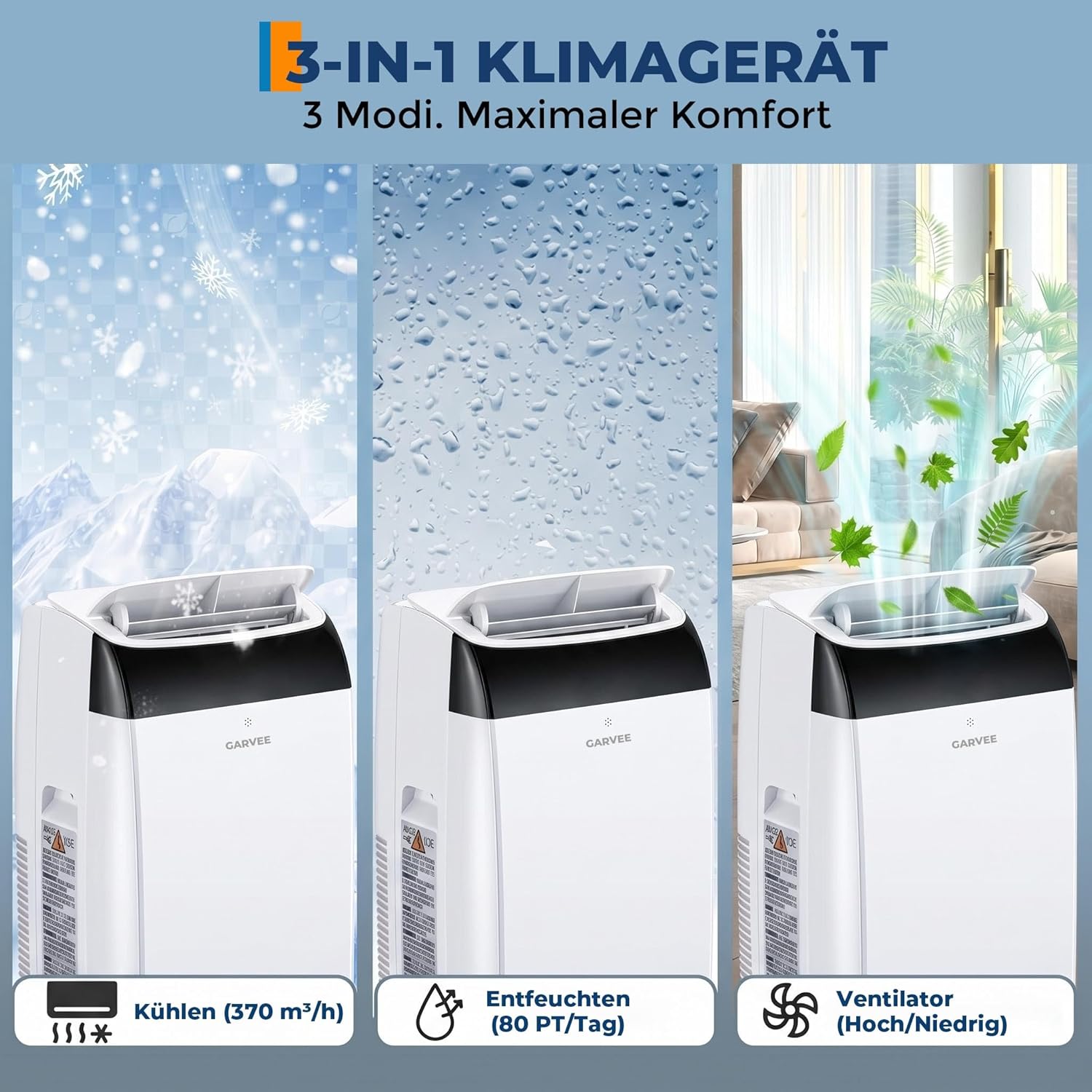 Garvee Mobile Klimaanlage 10000 BTU, 4-in-1 Klimagerät mit Kühlen & Entfeuchten & Ventilieren, Leiser Betrieb