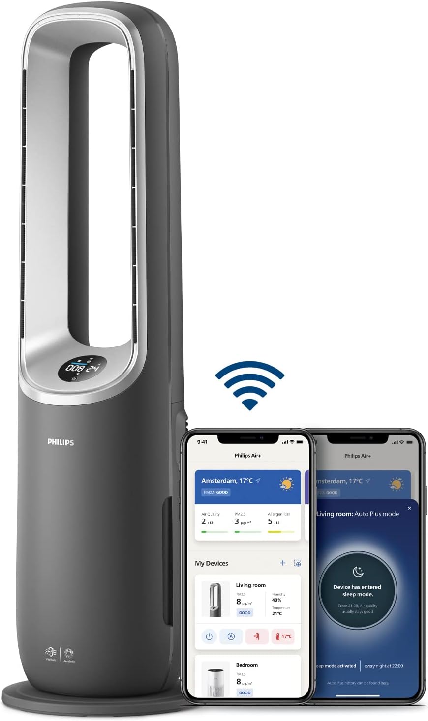 Air Performer 3-in-1: Luftreiniger, Heiz- und KŸhlgeblŠse - Reinigt 70 m?, Entfernt 99,97% der Allergene und Schadstoffe. HEPA-Filter, Intelligente Sensoren, Alexa, App. (AMF870/15)