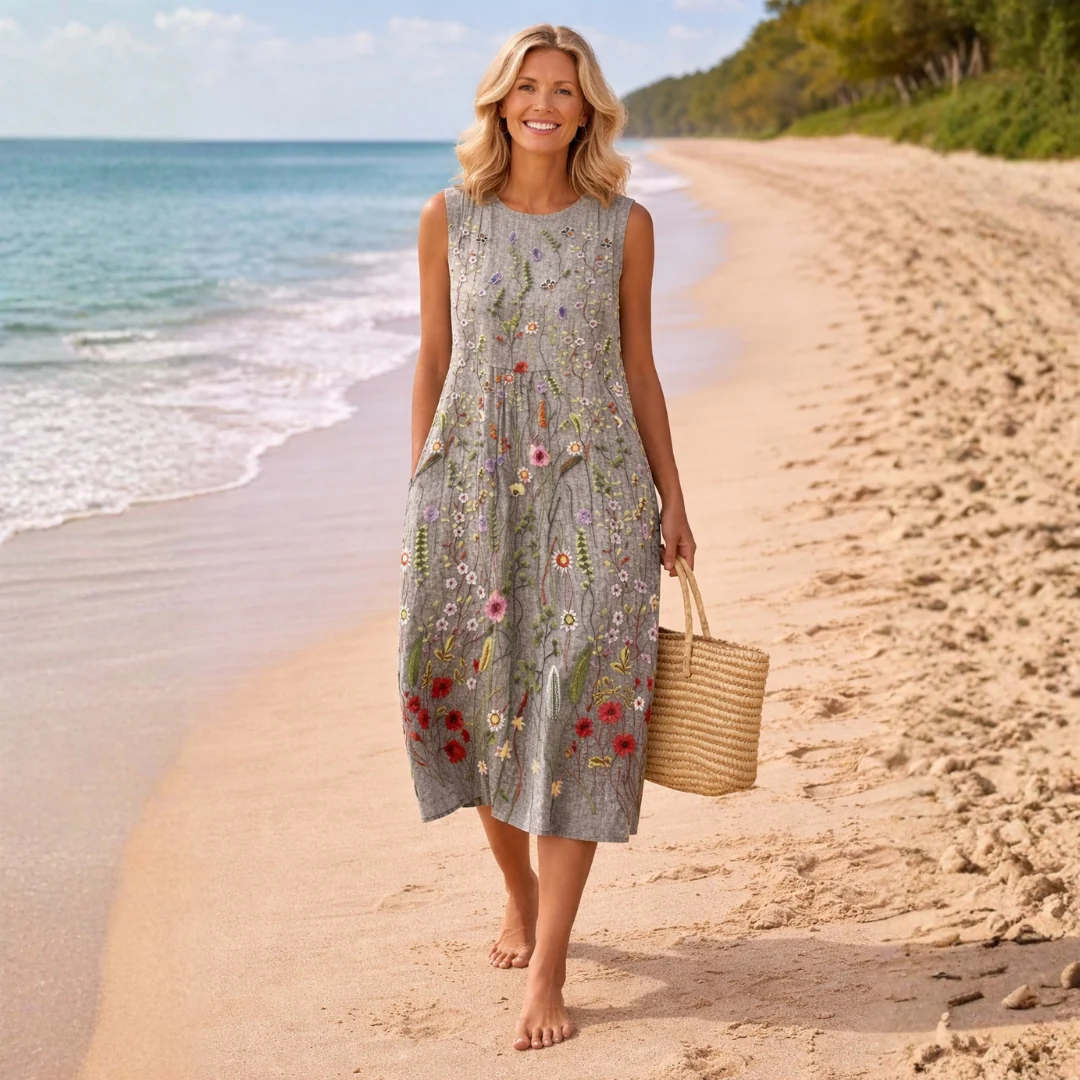 Damen Midi-Kleid mit Stickerei | ?rmelloses Sommerkleid in lockerer Passform | Bequemes Freizeitkleid mit Wildblumen