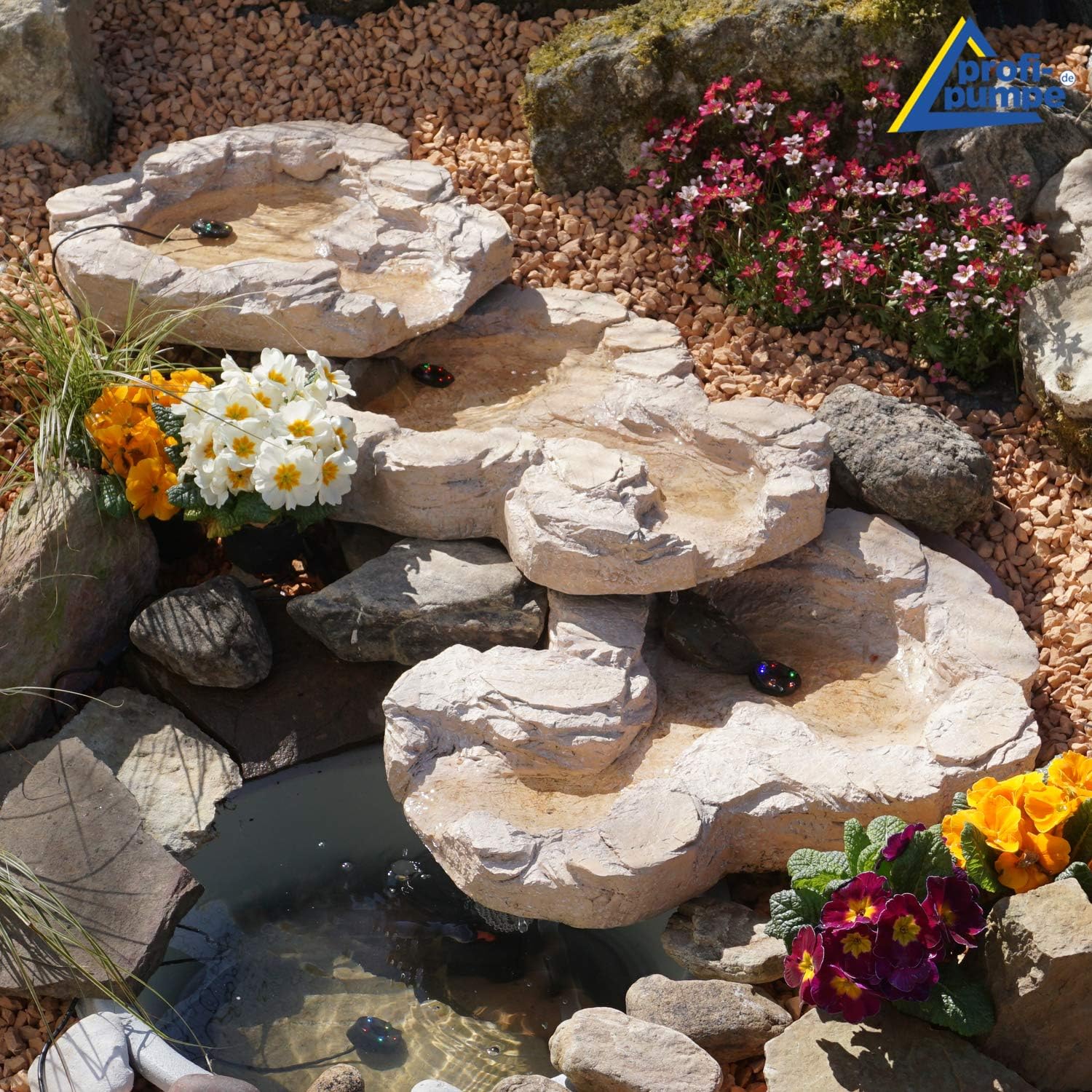 Solar GARTENBRUNNEN Bachlauf QUELLBACH II mit LED-Licht/Hybrid-System, 230V ZIERBRUNNEN VOGELBAD Wasserfall GARTENLEUCHTE TEICHPUMPE - SPRINGBRUNNEN WASSERSPIEL für Garten, Gartenteich, Teich