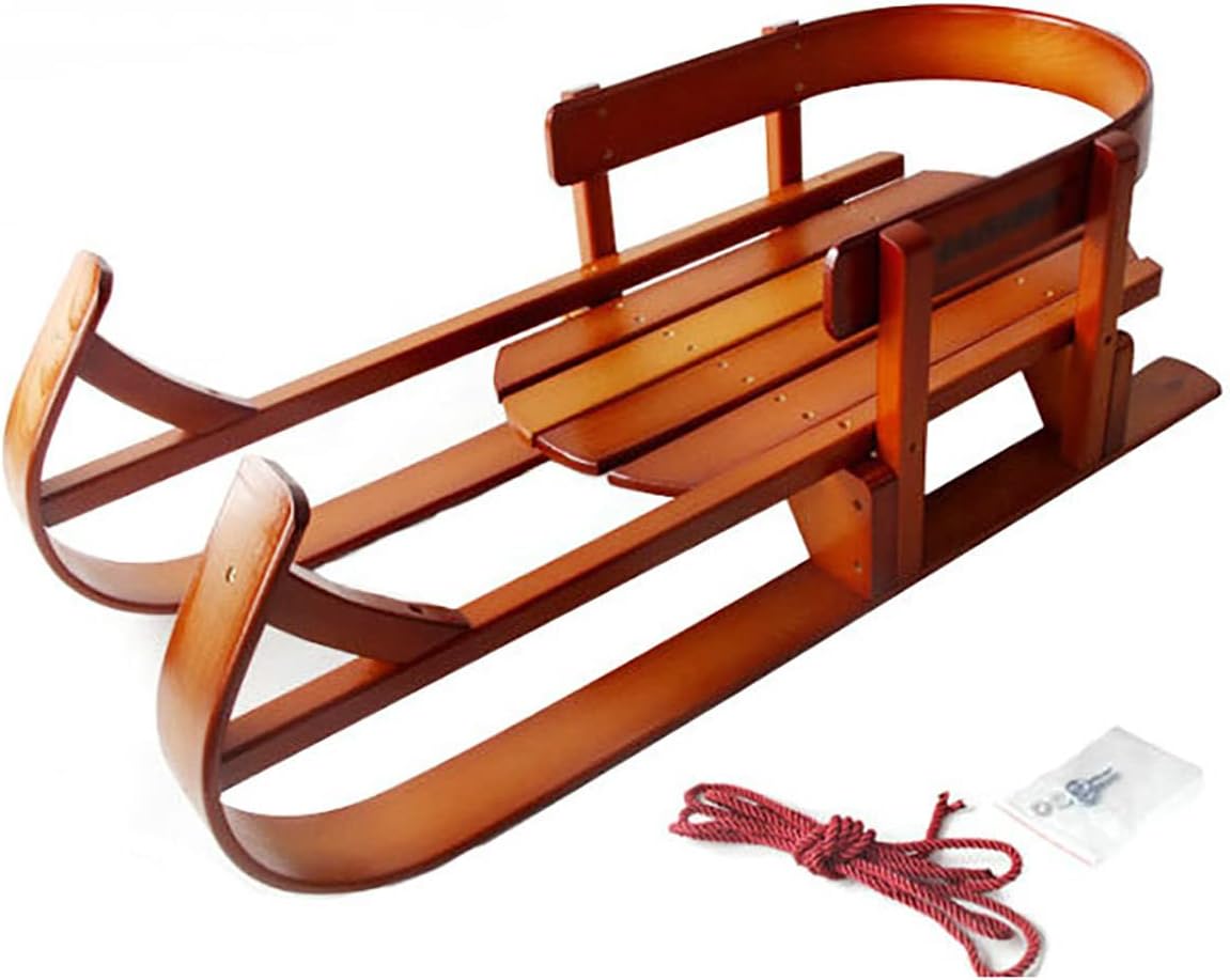 Holzschlitten Kinderschlitten mit Rückenlehne, Massivholz Skiträger für Winter Outdoor Sport, Buche Schlitten Skating Board 92cm