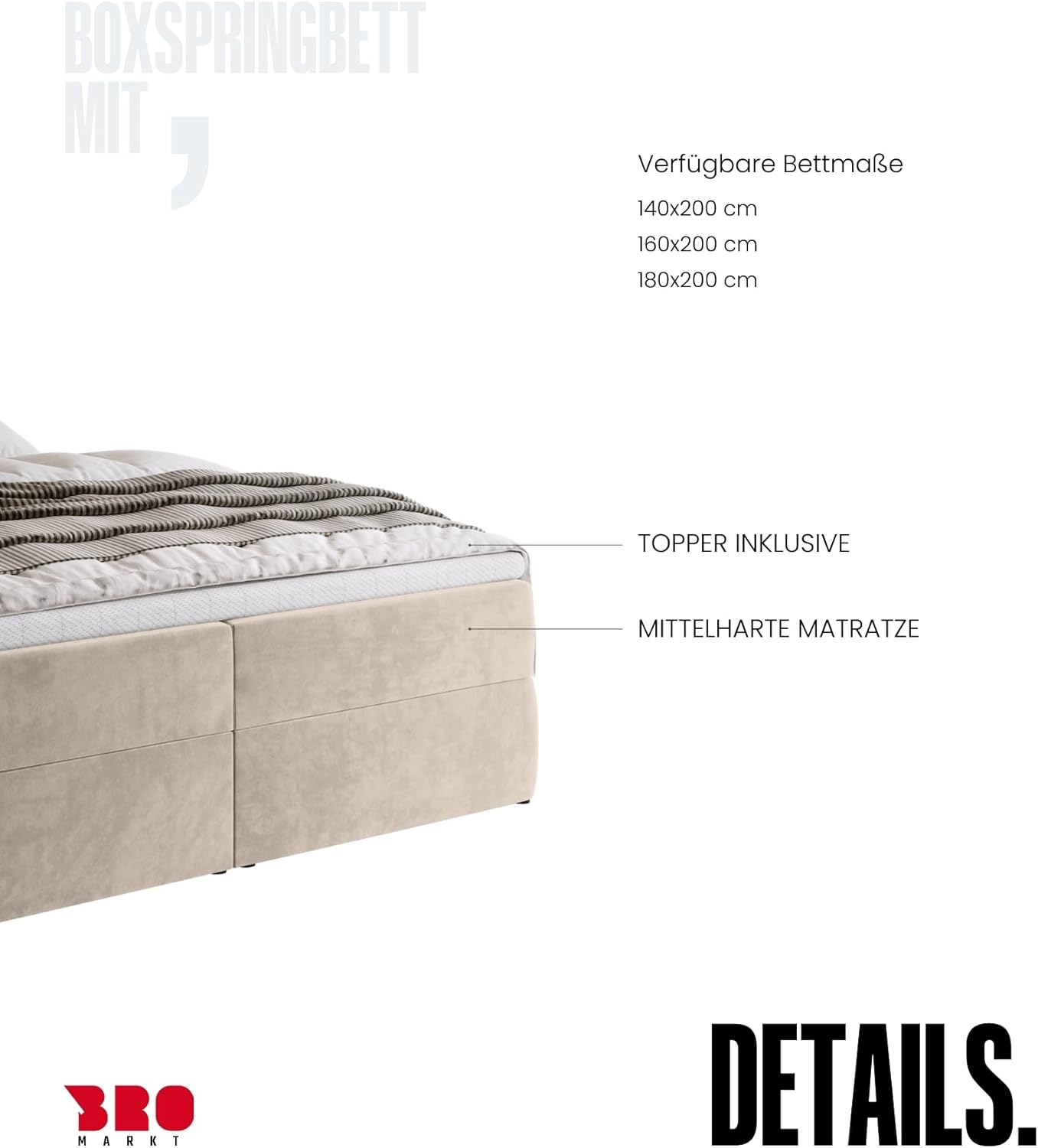 BROMARKT Boxspringbett mit Bettkasten Polsterbett mit Bonell-Matratze und Topper Doppelbett mit Stauraum Bett für Schlafzimmer gepolstertes Kopfteil Dream 160x200 Härtegrad H3 Samtstoff Beige
