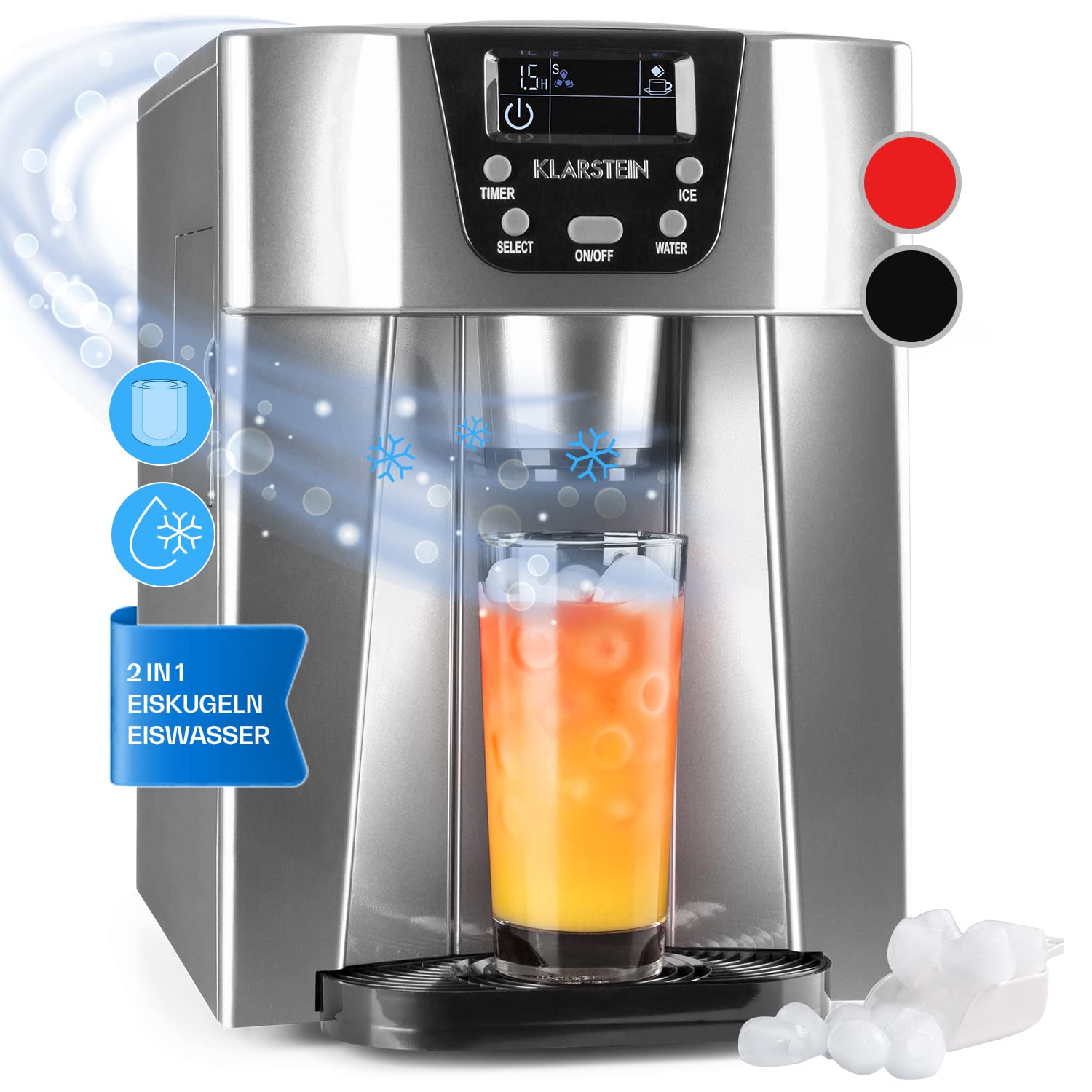 Klarstein Eiswürfelmaschine Klein, 2 L Eiswürfelbereiter  und  Wasserspender, Eiswürfelmaschine für 12 kg Große und Kleine Eiswürfel, Schnelle Mini mit Alarm
