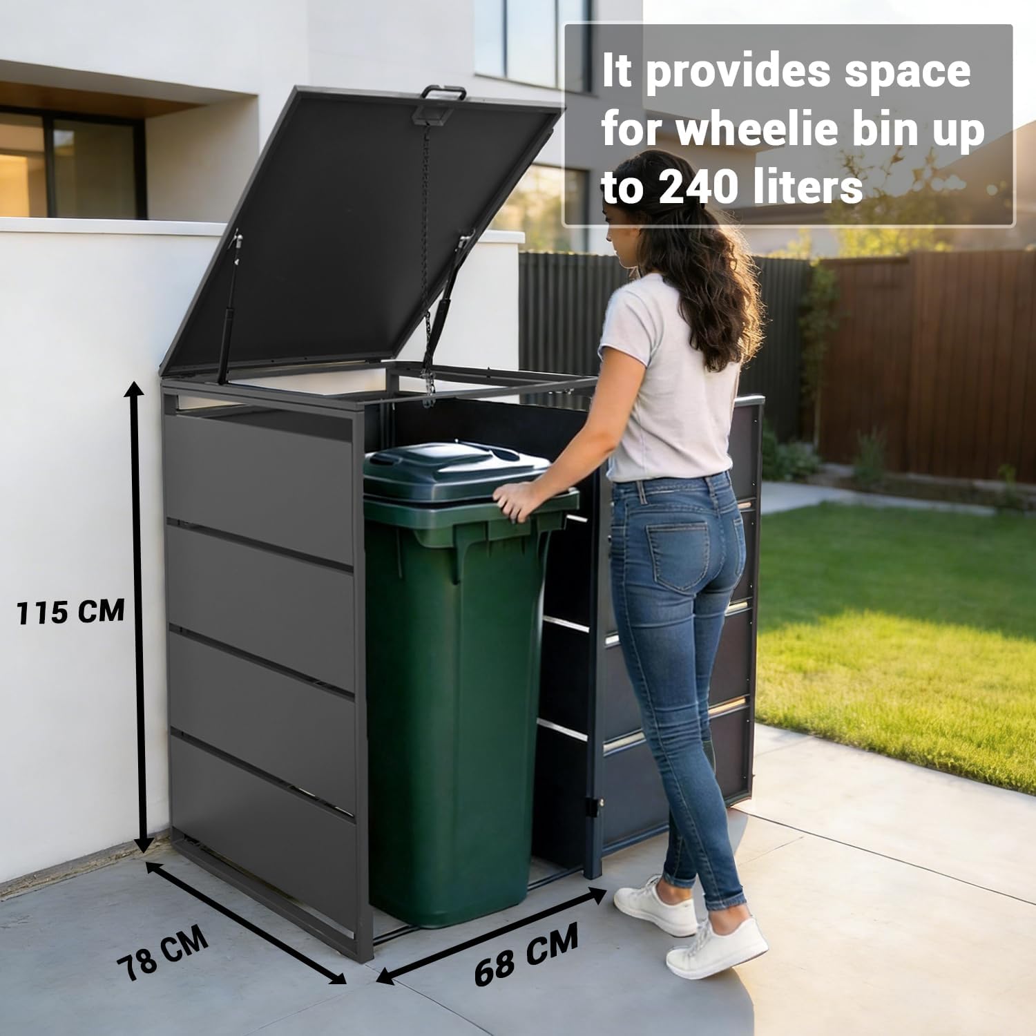 Metallene Mülltonnenbox für 240L-Tonne, robuste verzinkte Stahl-Mülltonnenverkleidung mit abschließbarer Tür, 78x68x115 cm Mülltonnenbox für den Außenbereich