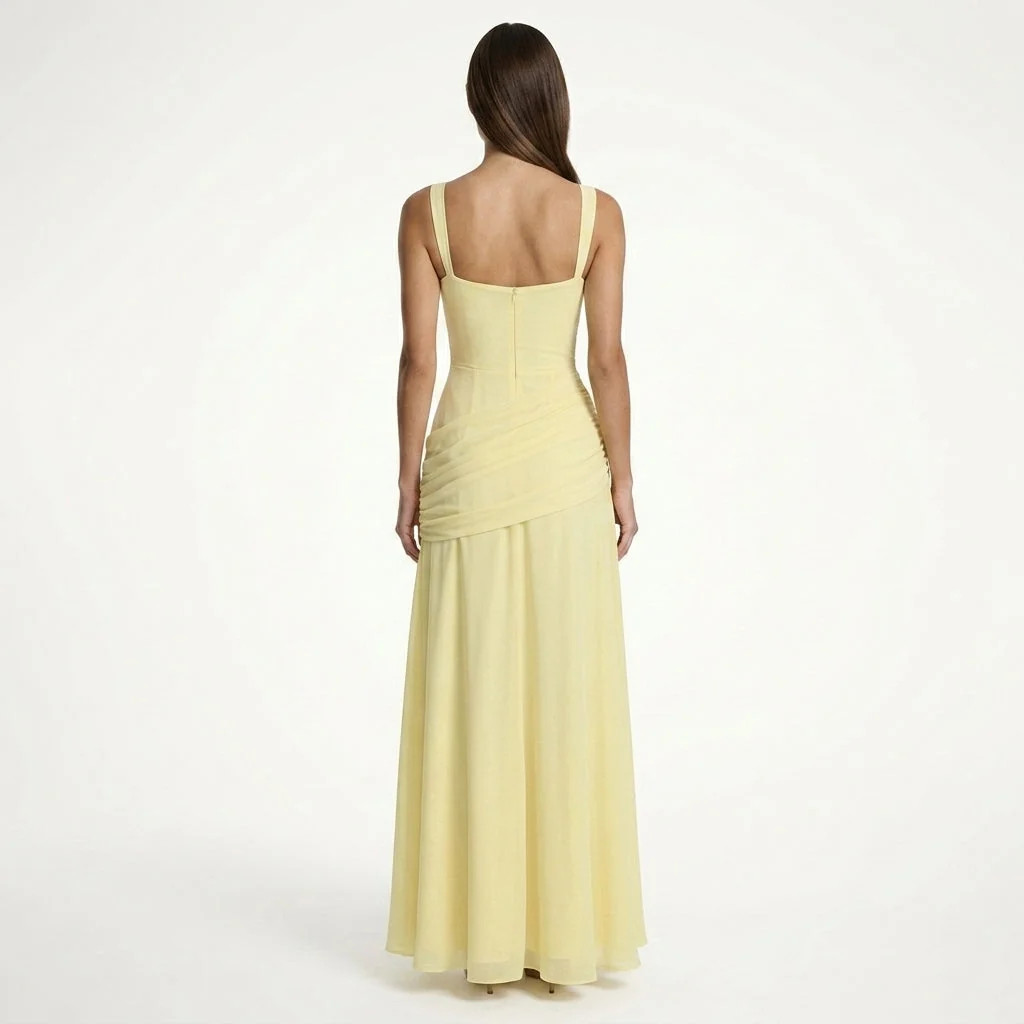 Damen Maxikleid mit Carr��-Ausschnitt und Raffung | Bodenlanges Abendkleid f��r Hochzeitsg?ste und festliche Anl?sse