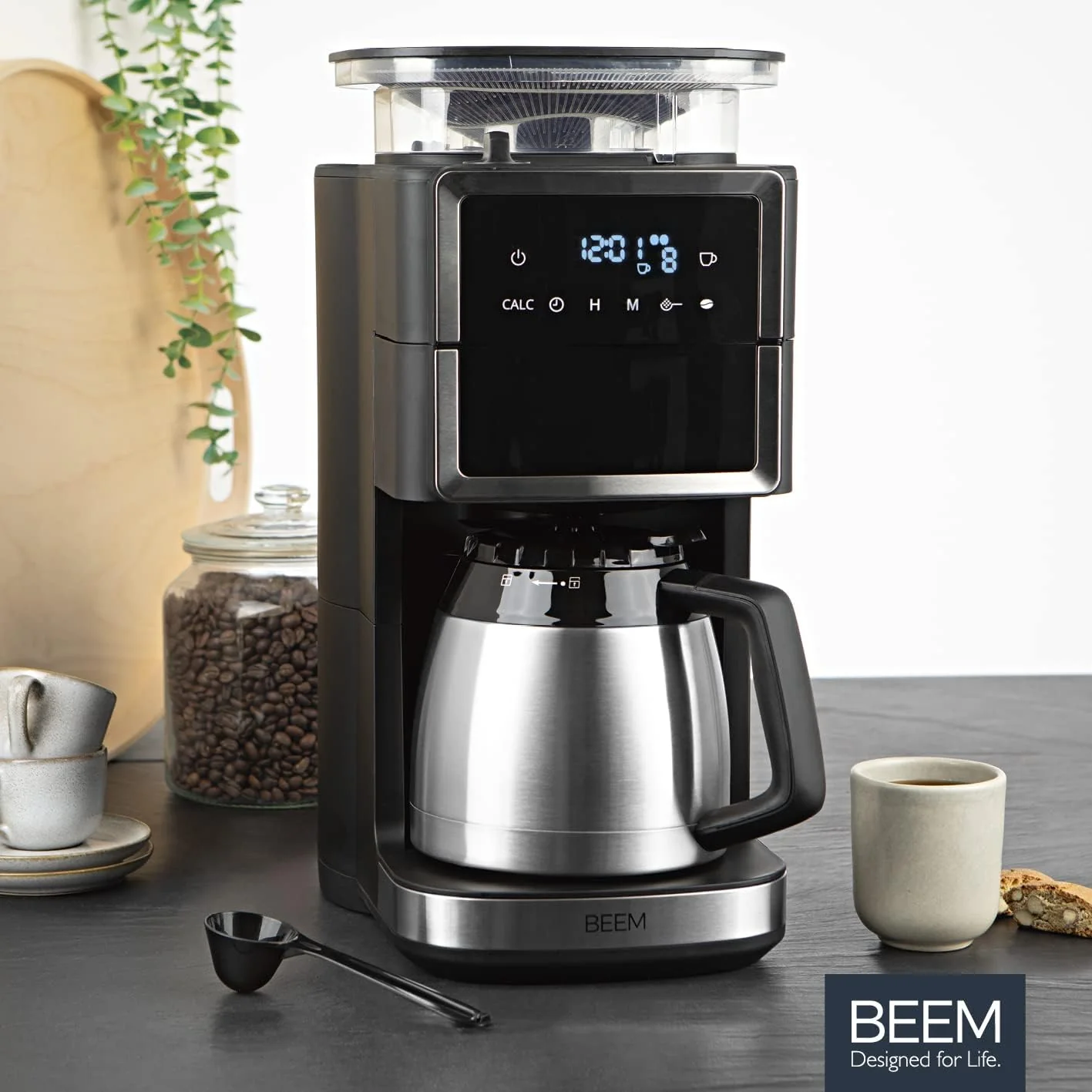 BEEM FRESH-AROMA-PERFECT III Filterkoffiezetapparaat met maalwerk - Duo | Met thermos- & glazen kan | Aroma-Plus-functie | 24-uurs timer | 1000 W | voor maximaal 10 kopjes [roestvrij staal]