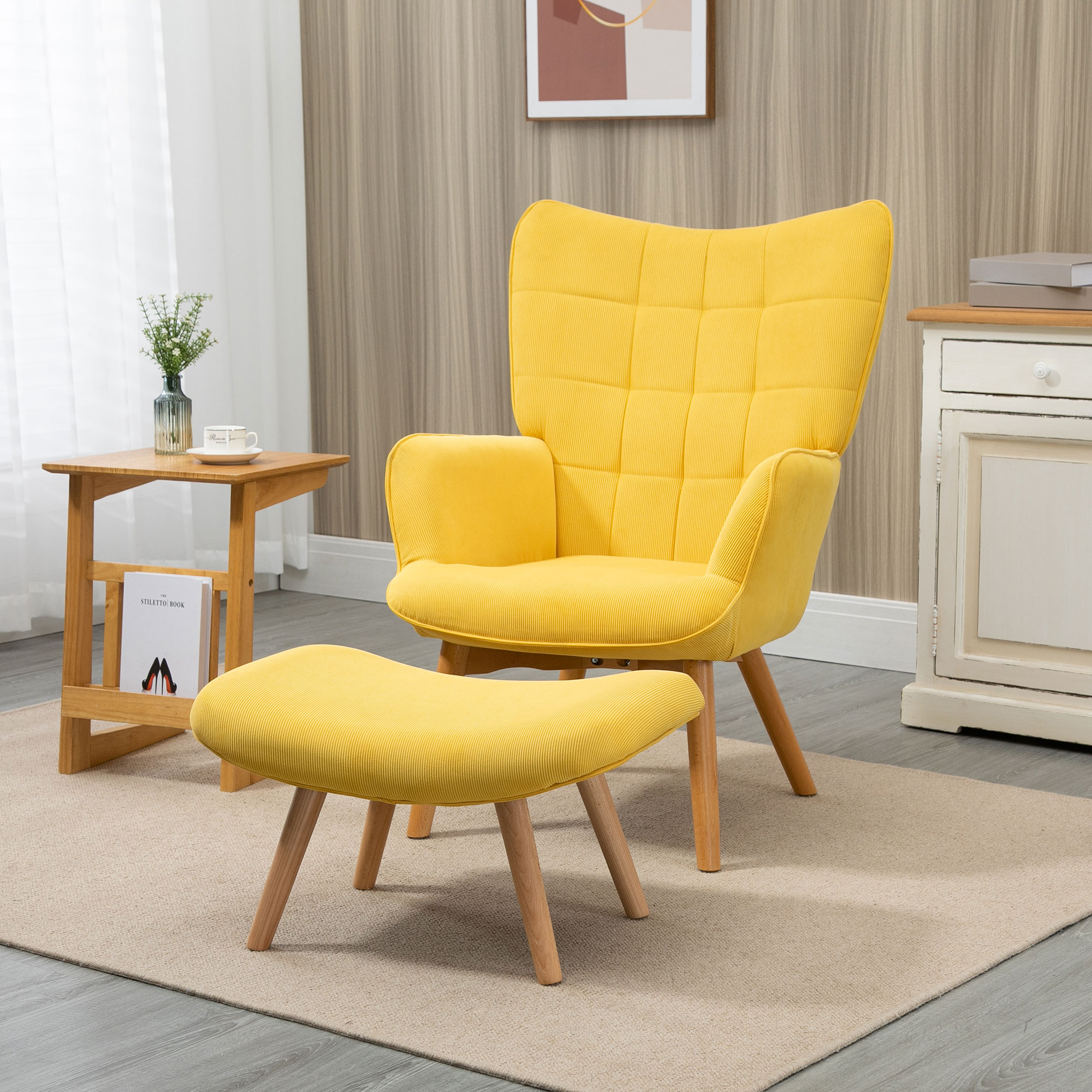 Fauteuil scandi accent met voetenbank, fauteuilset, beukenhout, corduroy-look, geel