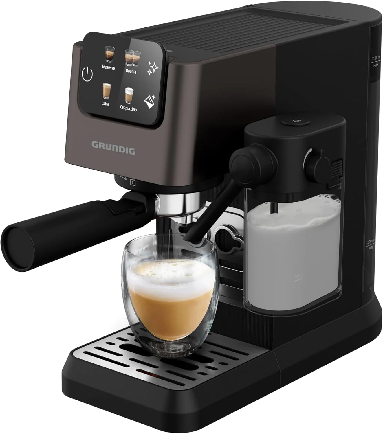 GRUNDIG KSM 5330 Espressomachine met ge?ntegreerd melkreservoir, 1628 W vermogen, 15 bar pompdruk, dubbele tuit, kleuren-touchscreen, BrewSense, CreamyPro, donker inox/zwart