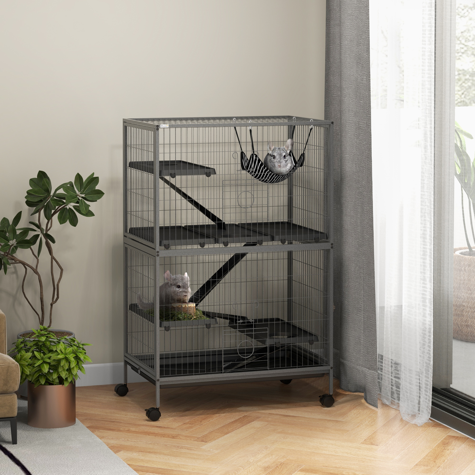PawHut Kleine huisdierkooi met hangmat, knaagdierkooi met wielen, 4-verdiepingen kooi, Metaal, Kunststof, 80 x 52 x 128 cm, Grijs