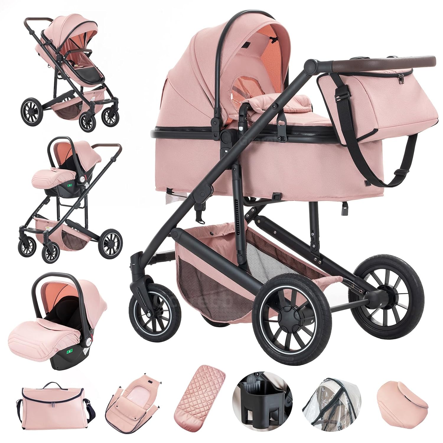 Gcarebb 3 in 1 Kinderwagen, Buggy Mit Auto Babyschale, Mit Höhenverstellbarer Kinderwagen Komplettset, KombiKinderwagen Mit Aluminiumrahmen für Neugeborene 0-4 Jahre
