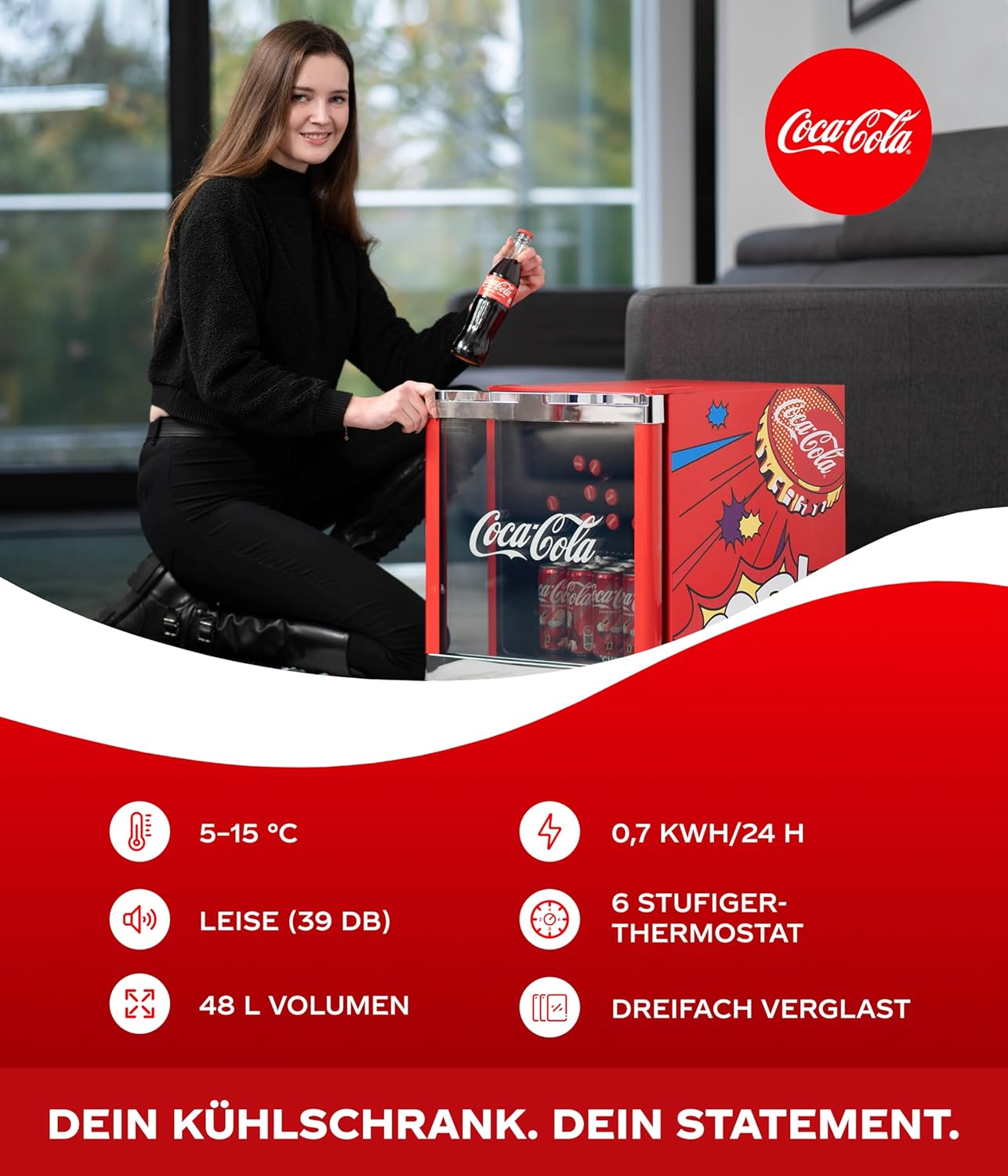 °CUBES Original Coca-Cola PopArt Mini Kühlschrank Rot (48L) - Getränkekühlschrank mit Glastür, leise & energieeffizient - Perfekt für Büro, Partys & Gaming - Cooler Flaschenkühlschrank - Für Getränke